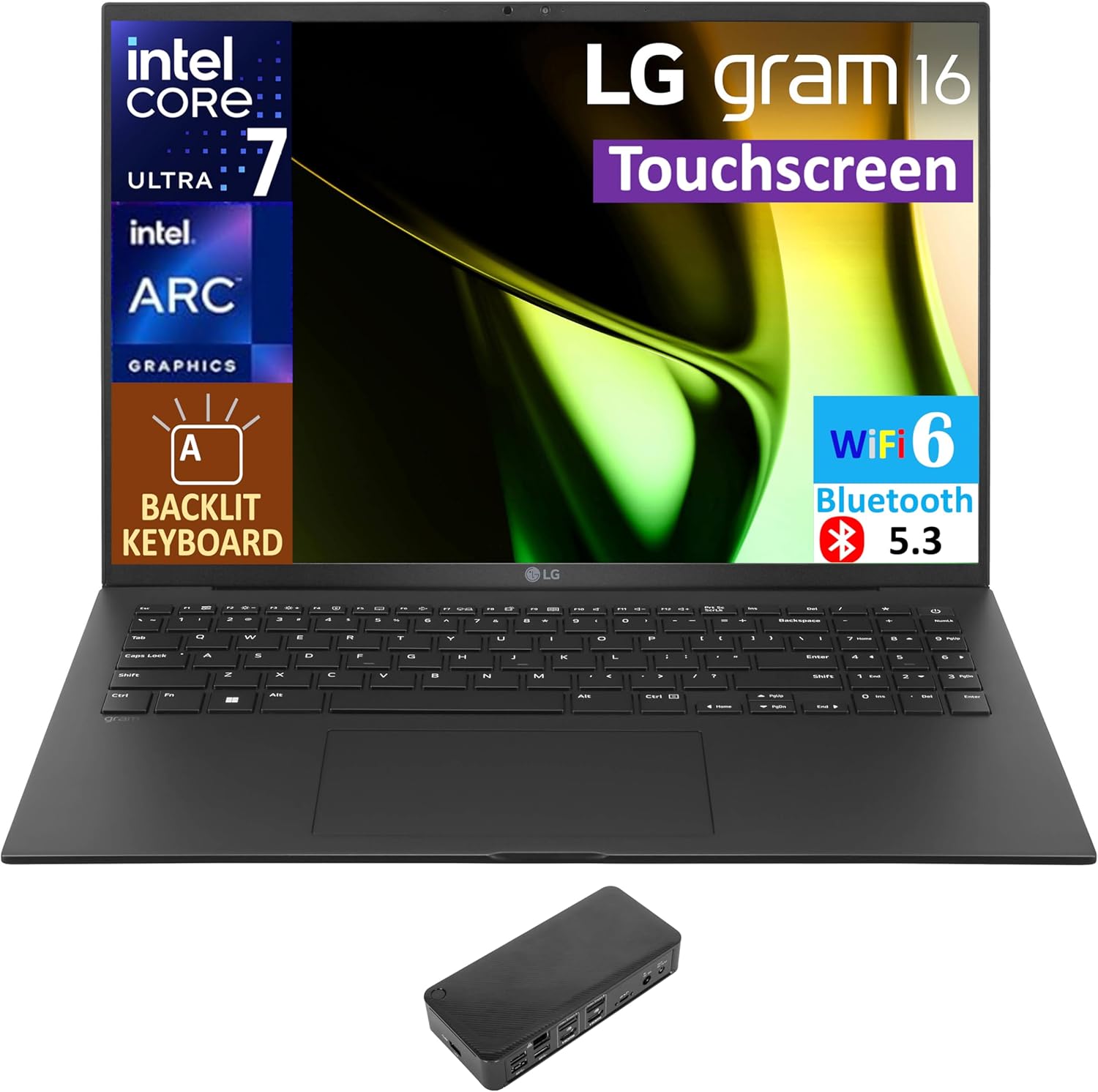 LG gram Laptop 16.0″ Touchscreen WQXGA Display (Intel Ultra 7-155H, 32GB LPDDR5X, 2TB PCIe SSD, Intel Arc, Backlit KB, 2 Thunderbolt 4, WiFi 6, Webcam, Bluetooth 5.3, Win 11 Home) w/USB-C Dock