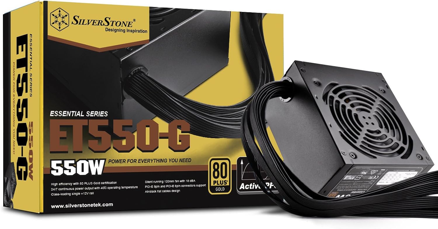 SilverStone Tek 550W 80 Plus Gold Fixed Cable Power Supply with Flat Black Cables and Quiet Fan Curve SST-ET550-G