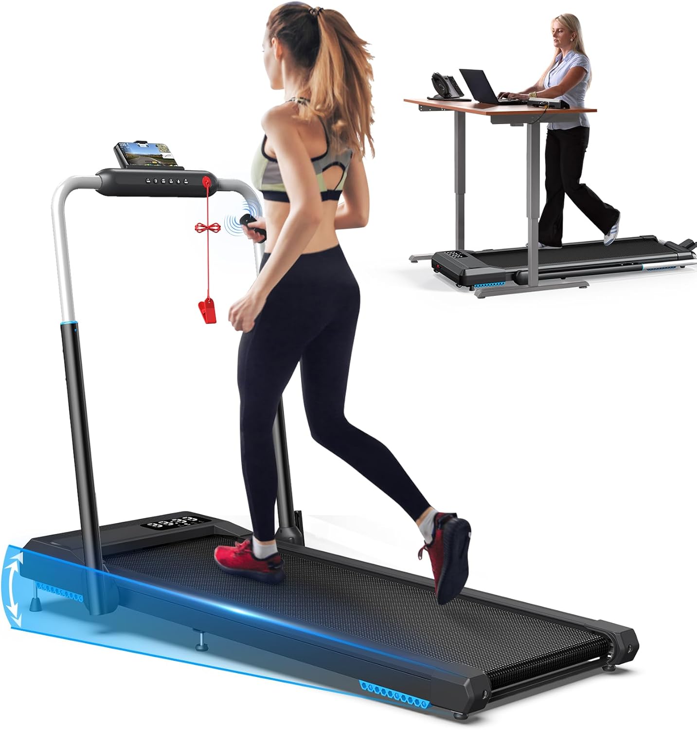 12% Incline Walking Pad Treadmills, Under Desk Treadmill 340+lb Capacity for Home Small Space, Mute Control Portable Foldable Adjustable Incline Treadmill, Works with KINOMAP, Easy to Move and Store