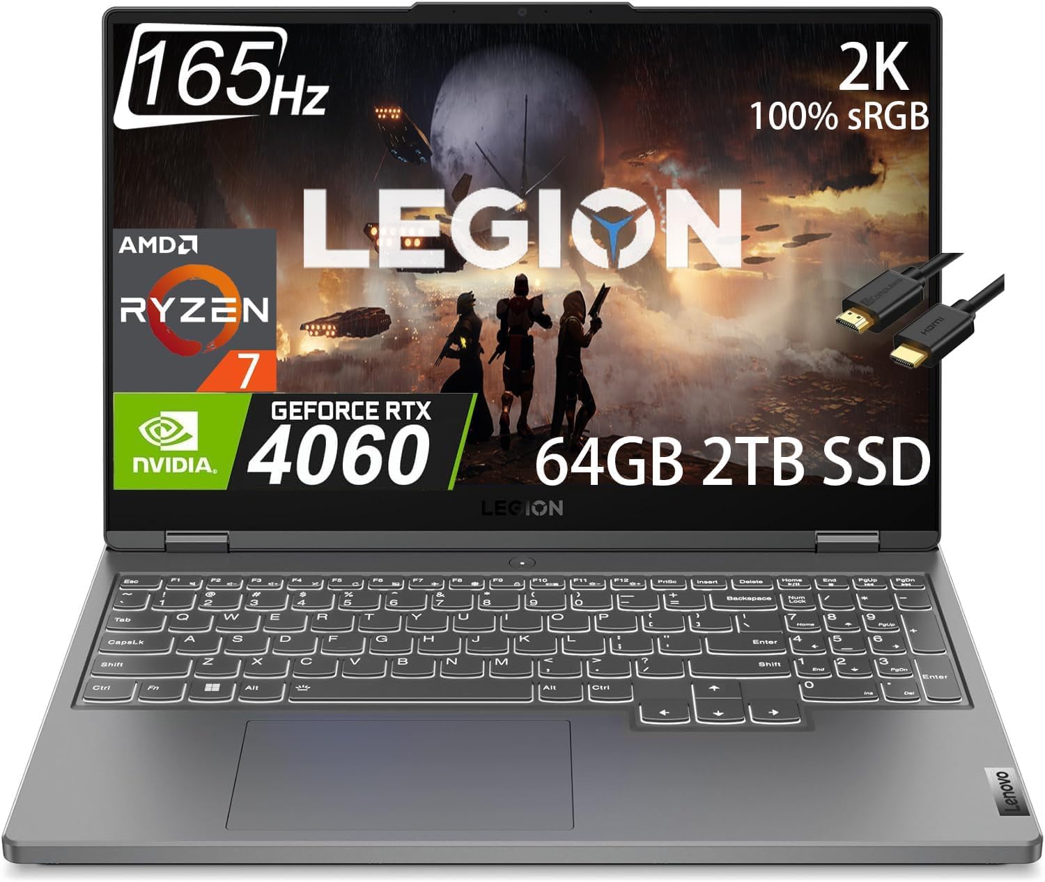 Lenovo Legion 5 Gaming Laptop (15.6″ 2K 165Hz, AMD Ryzen 7 7735HS, GeForce RTX 4060 8GB, 64GB DDR5 RAM, 2TB SSD, (8 Core Beat i7-12700H)) Backlit, Wi-Fi 6, IST Cable, Win 11 Home, 2024, Storm Grey