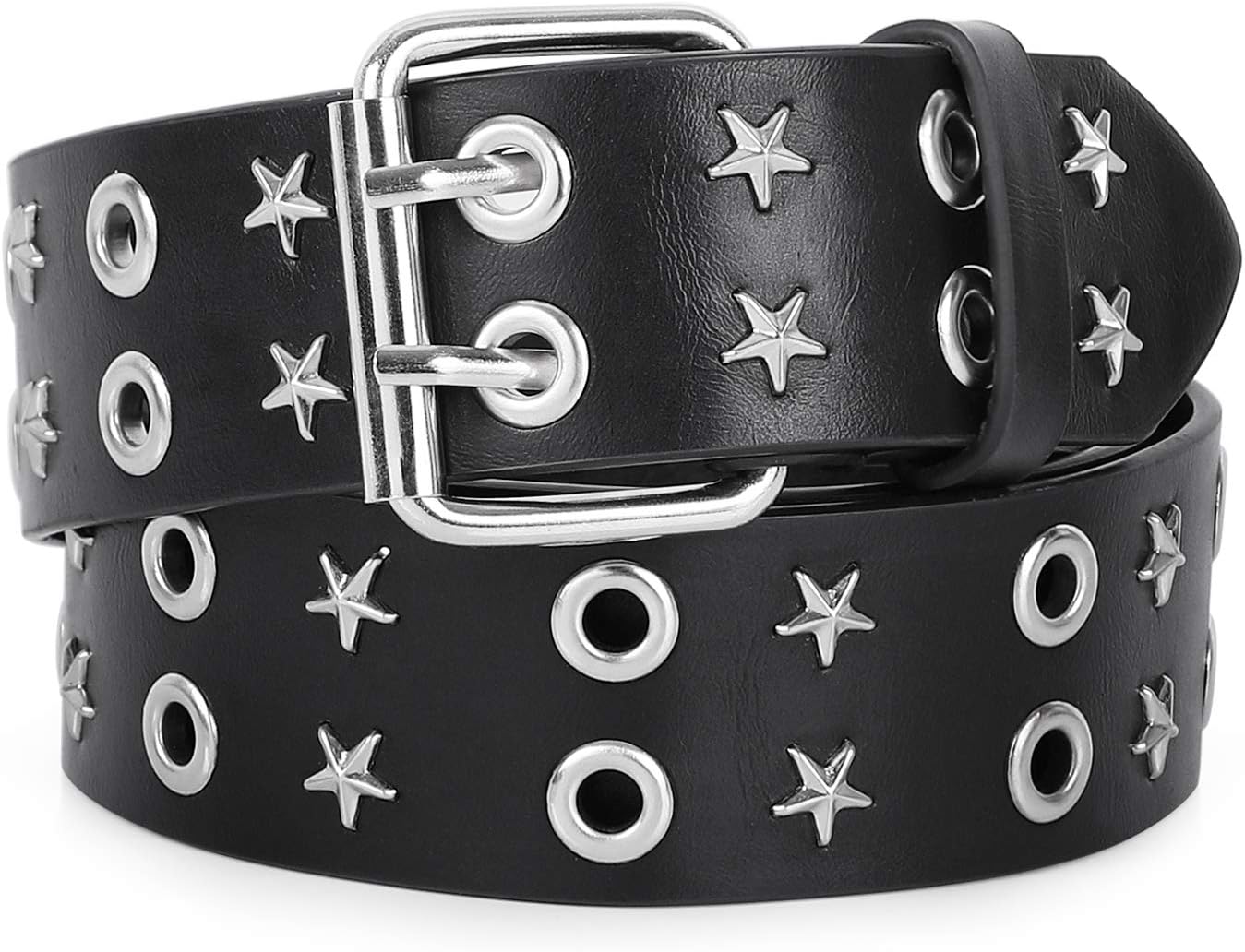 SANSTHS Double Grommet PU Leather Belt for Women Men Punk Rock Metal Jeans Belts 1 1/2 inch