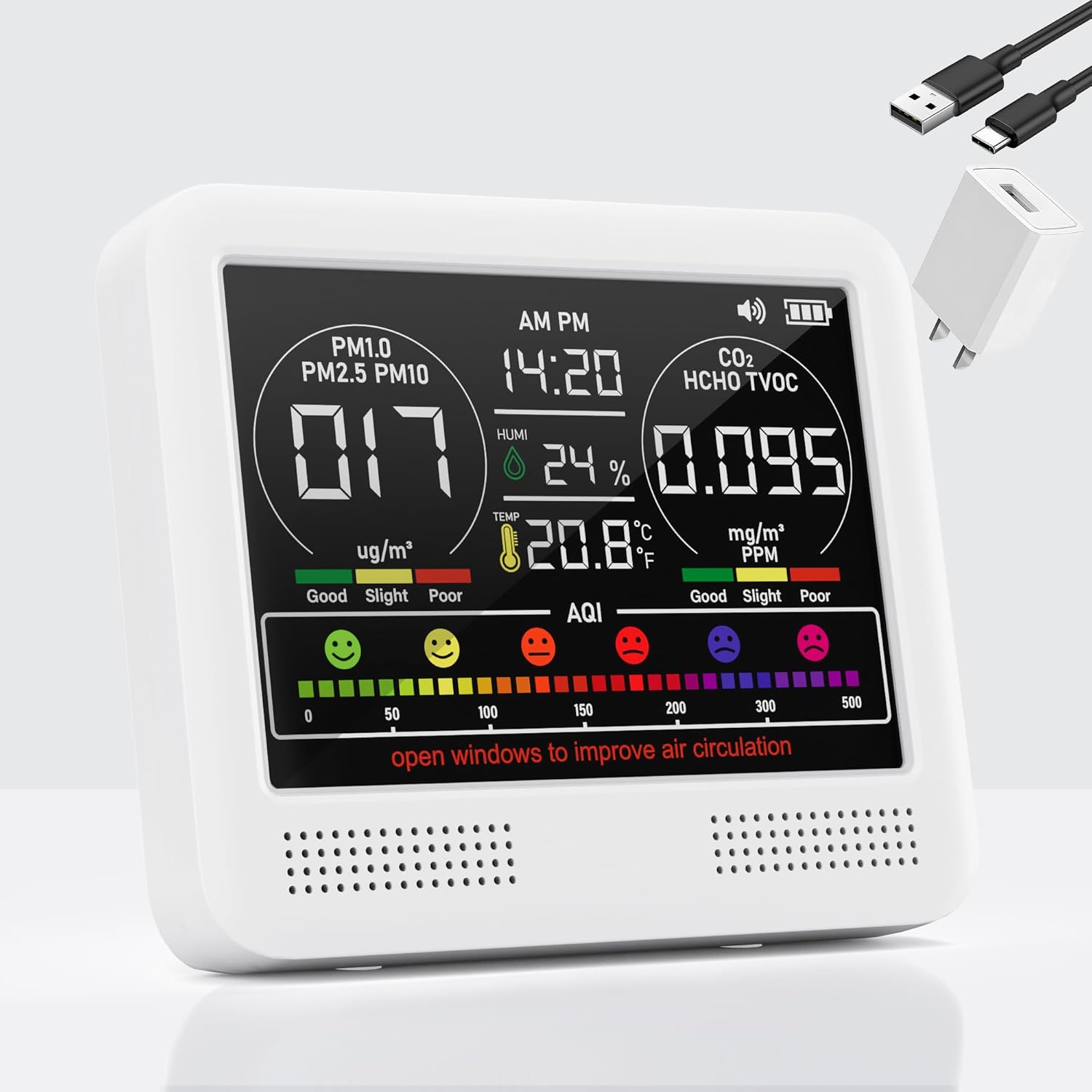 Air Quality Monitor Indoor for Home, 16-in-1 CO2/PM1/PM2.5/PM10/TVOC/Formaldehyde/Temp/Humidity/Time and 7AQI Tester, Portable & Easy to Use, Highly Accurate Air Quality Meter for Indoor (White)