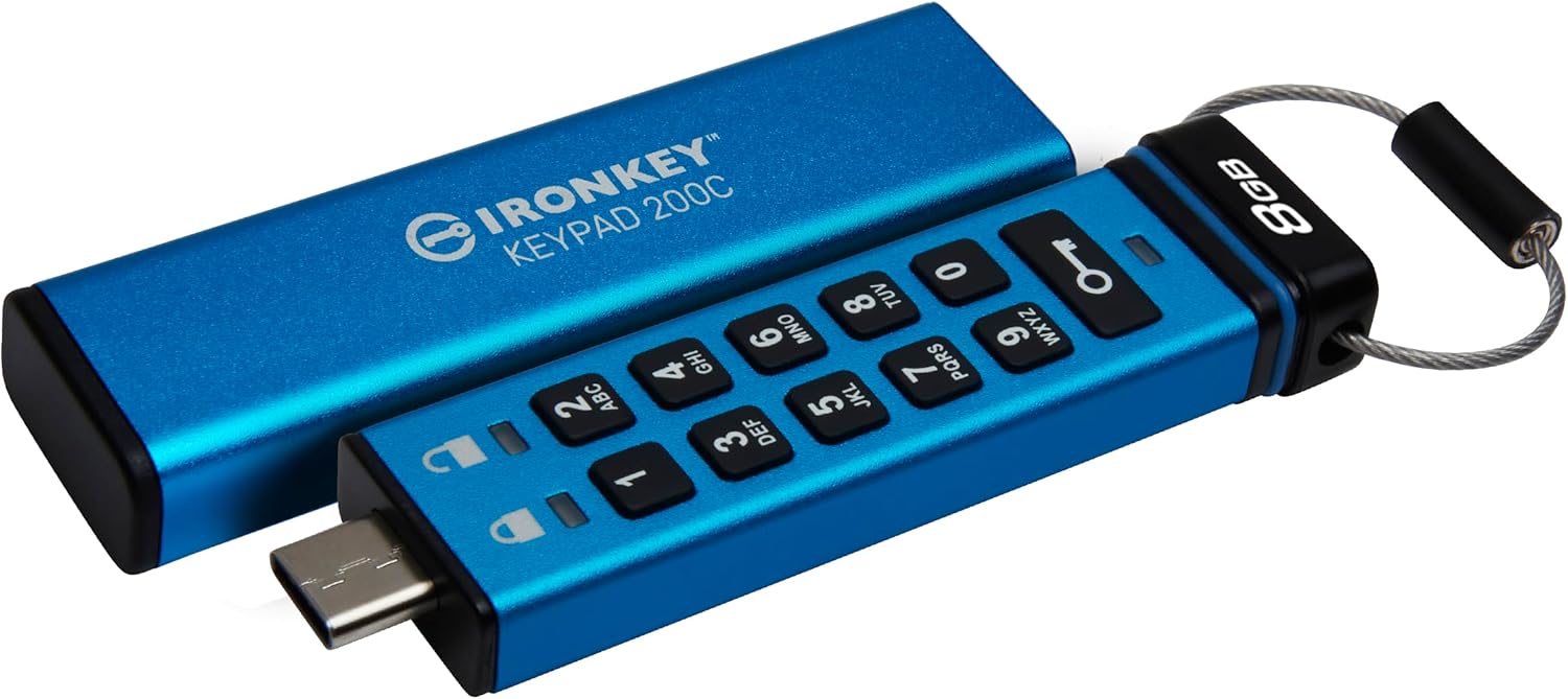 Kingston Ironkey Keypad 200 USB-C 8GB Encrypted Flash Drive | OS Independent | FIPS 140-3 Level 3 | XTS-AES 256-bit | BadUSB and Brute Force Protection | Mult-Pin Option | IKKP200C/8GB