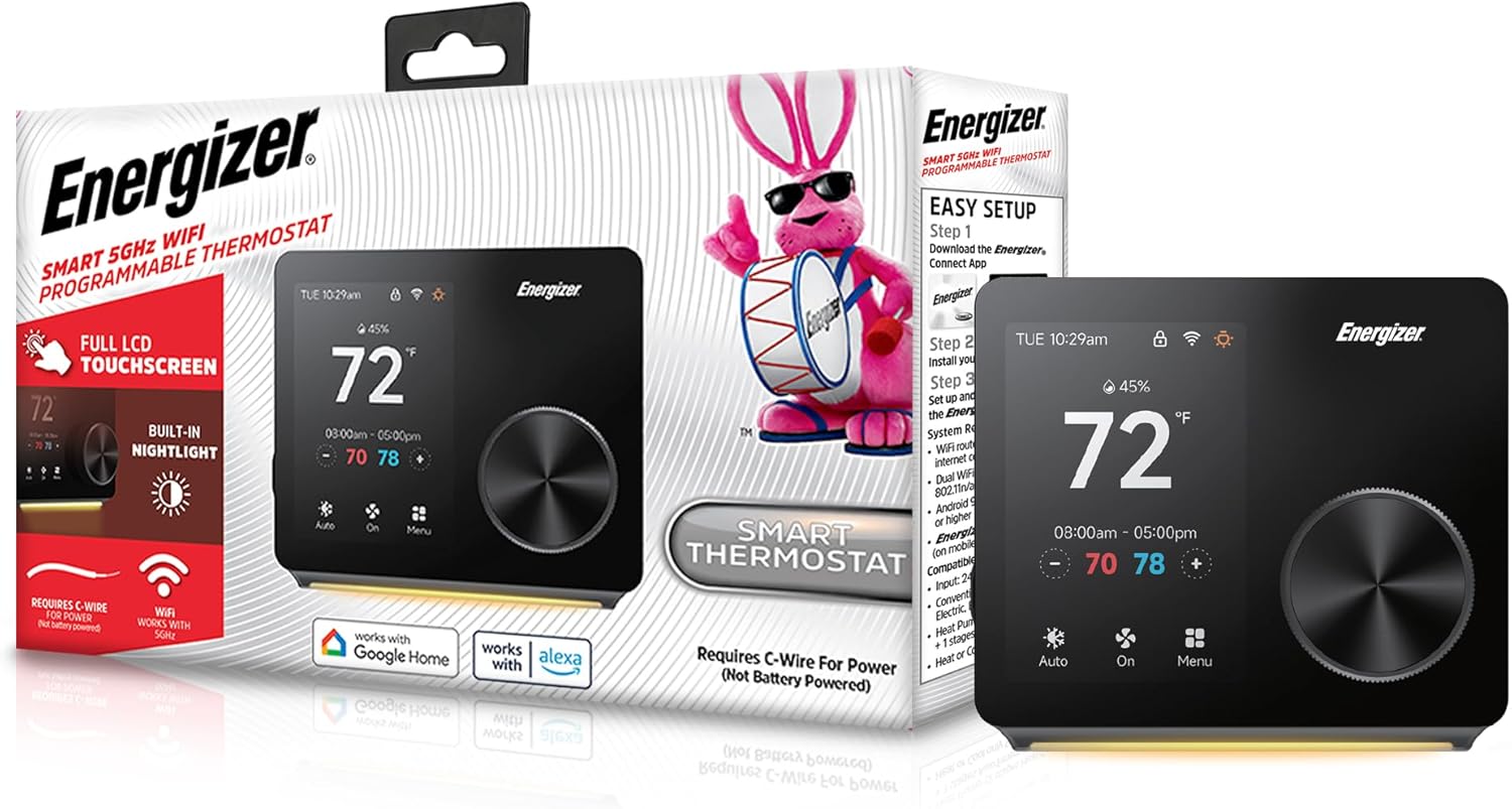 Energizer Smart Thermostat, Programable Wi-Fi Thermostat, 5GHz & 2.4GHz, Compatible with Alexa and Google, App Control, 3.5” inch Color Touch Screen, Easy Installation, 7 Day Scheduling, Night Light