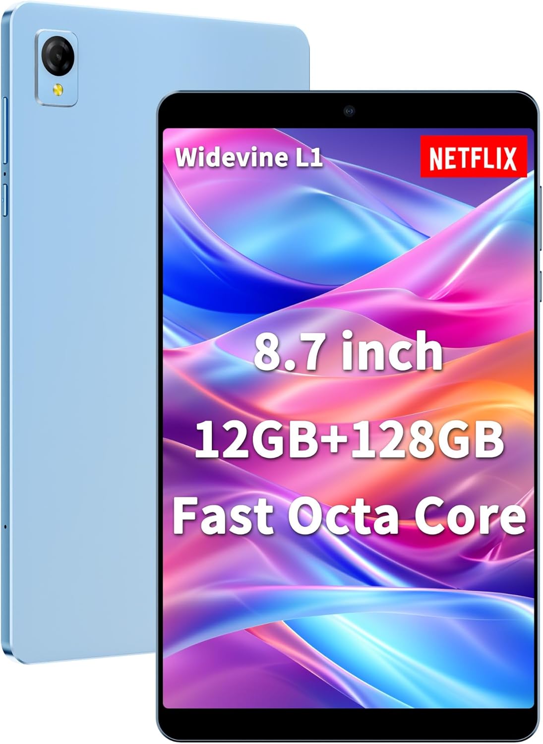 8.7″ Android 13 Tablet, Octa-Core, 12(4+8) GB&128GB Storage(Expand to 2TB), Widevine L1, Dual 16MP+5MP Camera, 1340 * 800 Incell Display, Face ID Unlock, 5G/2.4G WiFi Tablet, BT5.0, Kids Tablet, GPS
