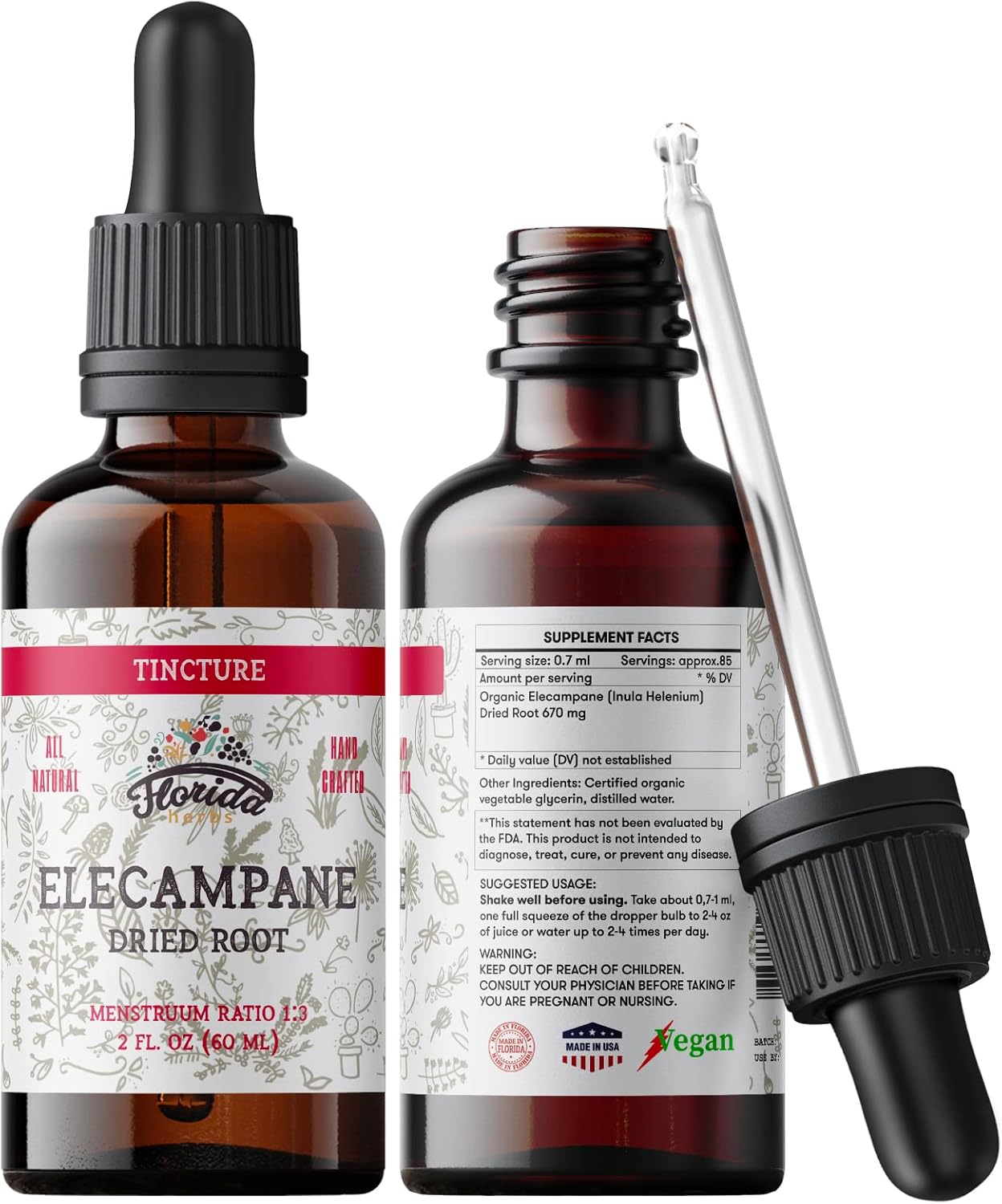 Elecampane Tincture, Organic Elecampane Extract (Inula Helenium) Dried Root Herbal Supplement, Non-GMO in Cold-Pressed Organic Vegetable Glycerin, 700 mg, 2 oz (60 ml)