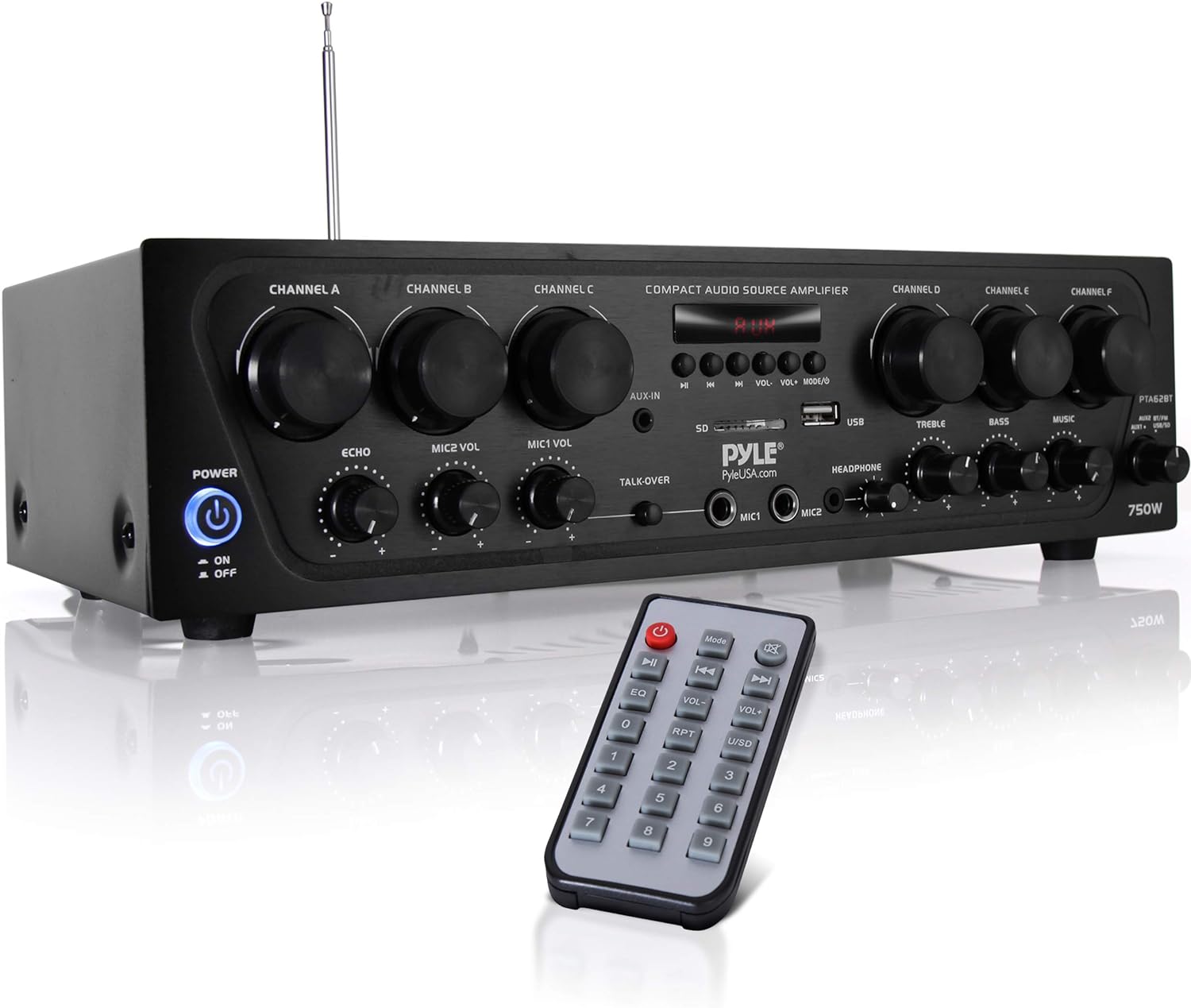 Pyle Wireless Bluetooth Home Audio Amplifier System-Upgraded 6 Channel 750 Watt Sound Power Stereo Receiver w/USB, Micro SD, Headphone,2 Microphone Input w/Echo, Talkover for PA – PTA62BT.5