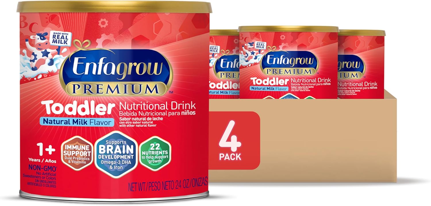 Enfagrow PREMIUM Toddler Nutritional Drink, Made with Real Milk, Brain-Building Omega-3 DHA, Nutrients and Prebiotics for Growth & Immune Support, Non-GMO, Toddler Milk Powder, 24 Oz Can, 4 Count