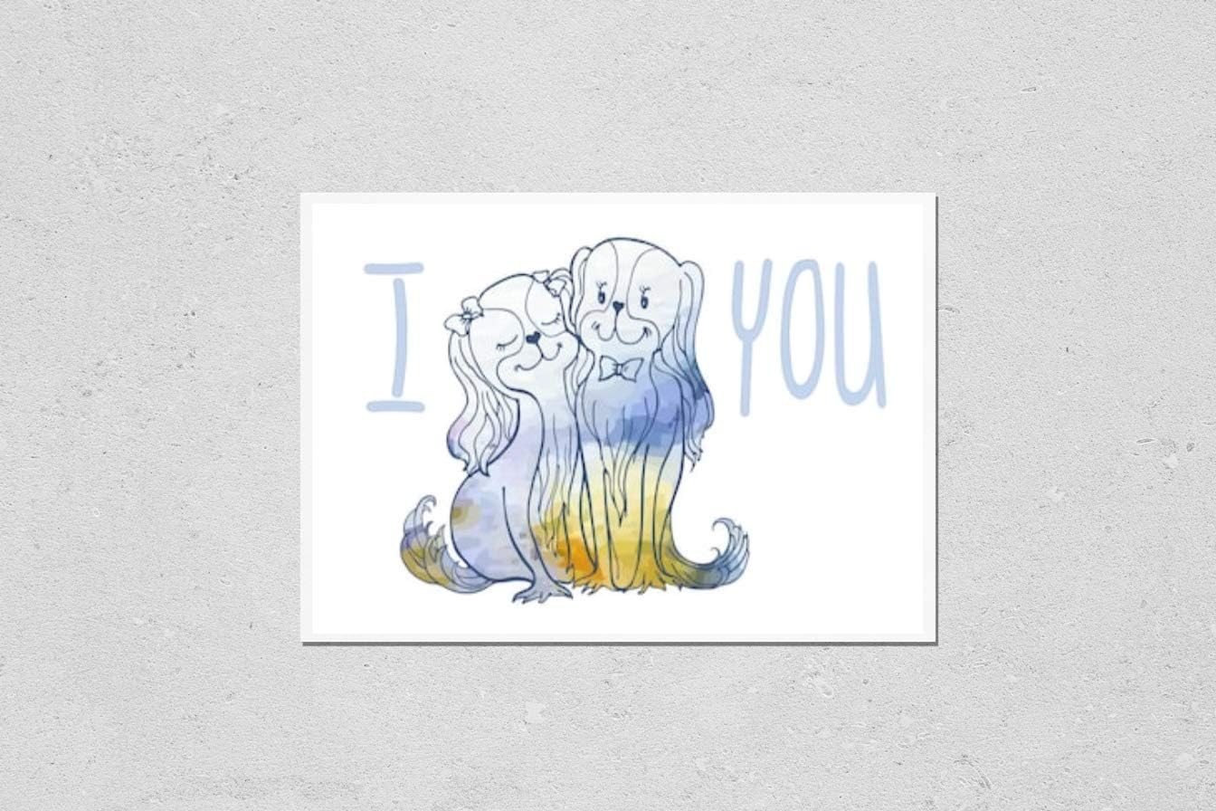 HardPress Wall Art Poster Print of Image Sketch of Loving Dogs from Lines and Watercolor Spots of Delicate Flowers, Bride with Humor, Funny Touching Recognition of The Letter I Love You