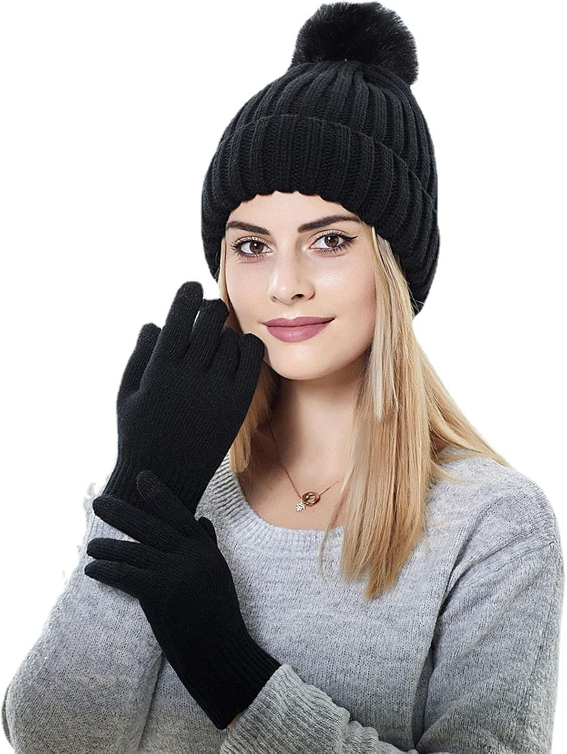 BCDlily Women Winter Beanie Hat Gloves Set Warm Pom Pom Skull Caps with Knit Mitten Mitts