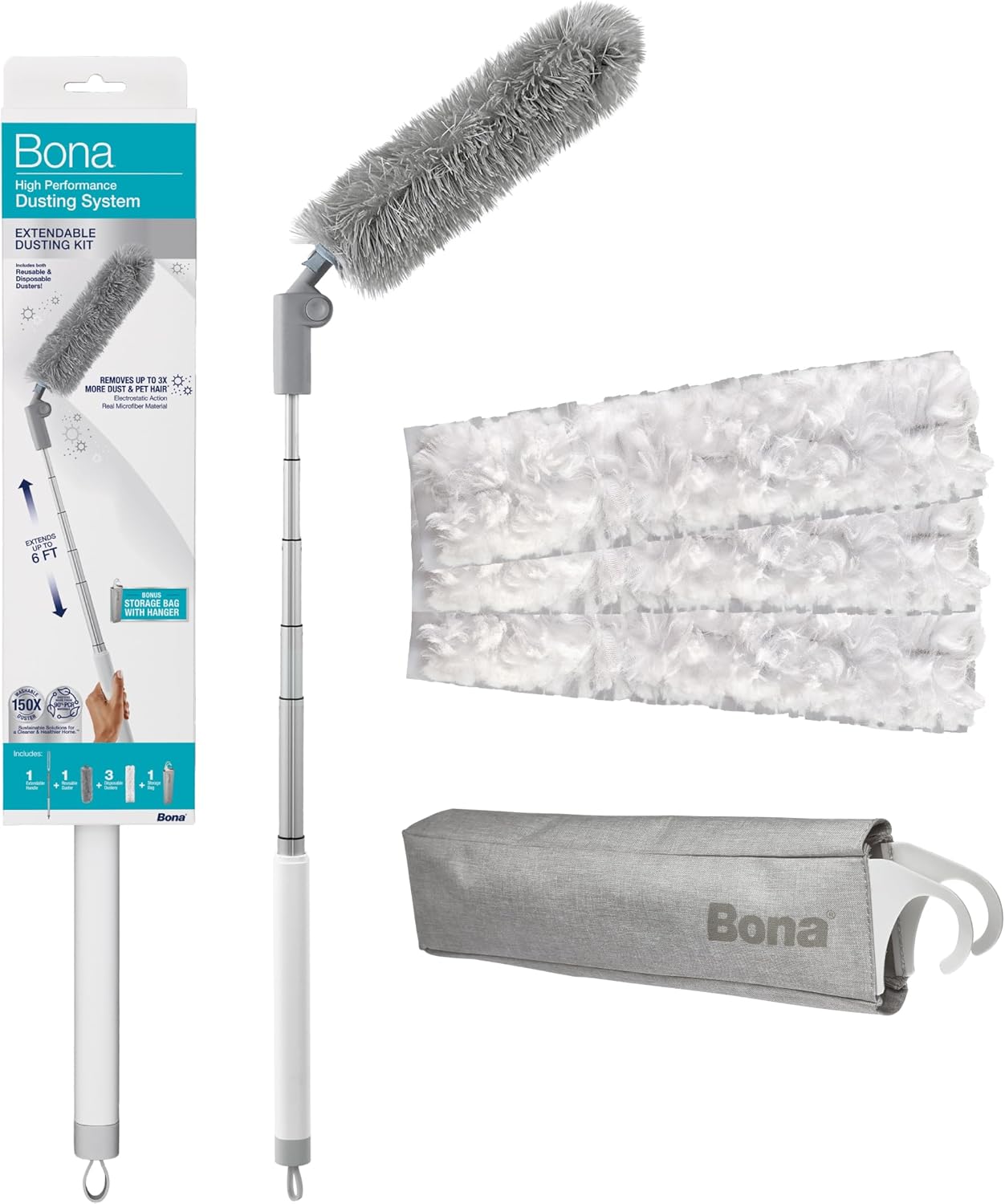 Bona High Performance Dusting System – 1 Extendable Handle, 3 Disposable Dusters, 1 Reusable Duster, & 1 Storage Bag – Extendable Dusting Kit