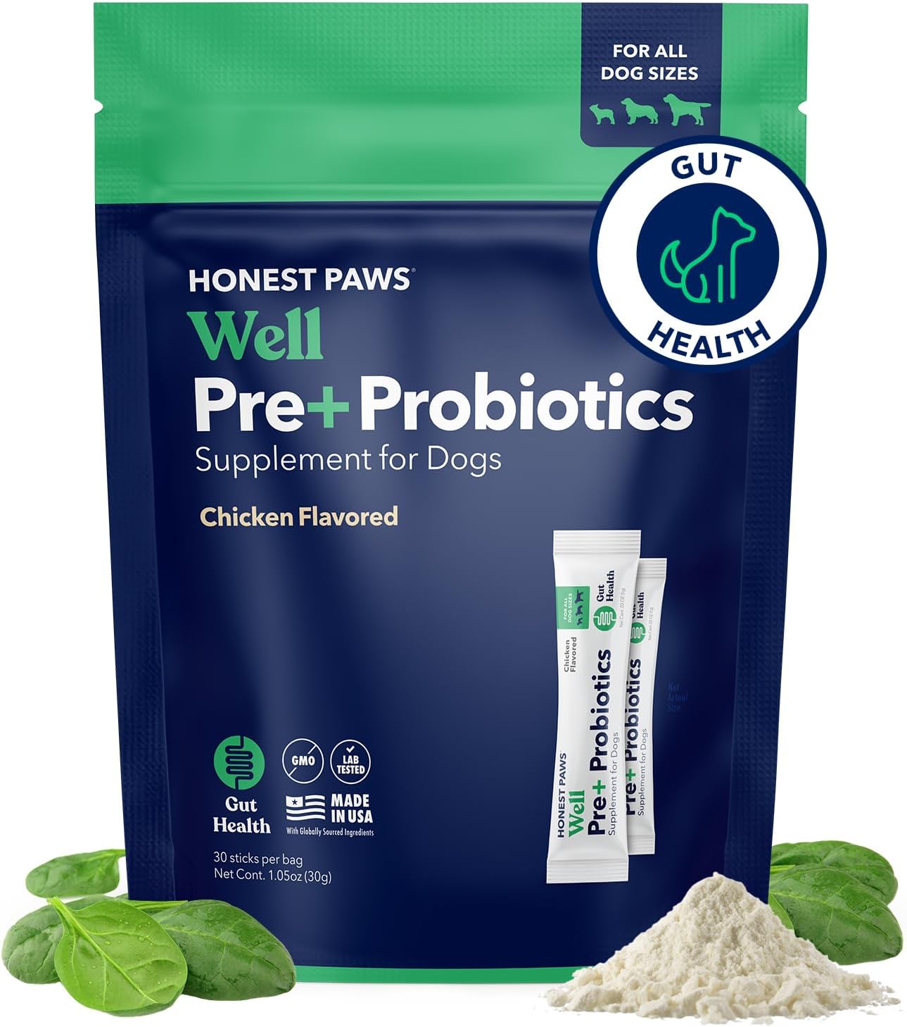 Honest Paws Probiotics for Dogs – Dog Digestion Gut Health Probiotic Powder with Prebiotic Made in The USA, Digestive and Immune Support – Digestive Enzymes with Chicken Flavor (30 Sticks)