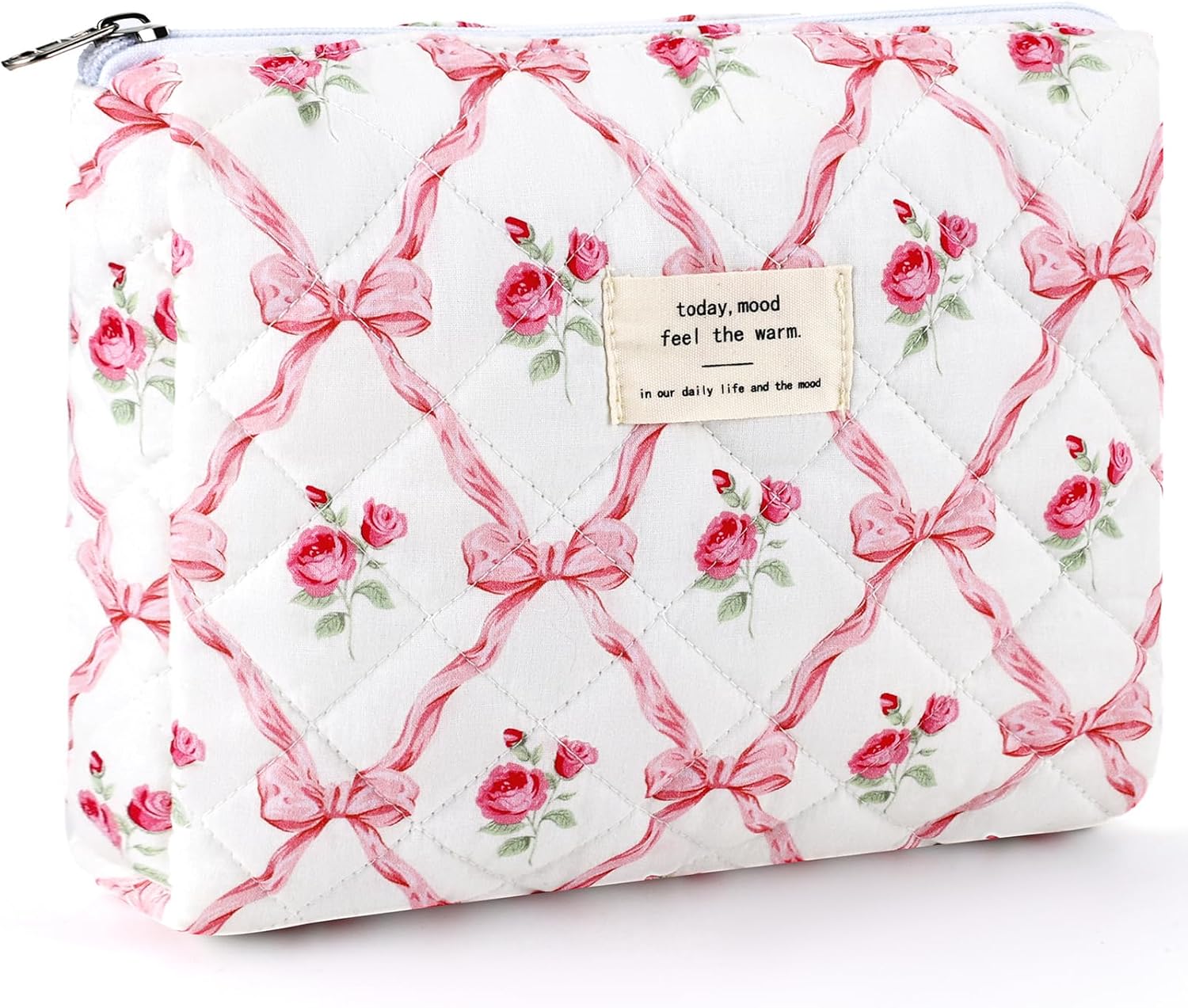 Cotton Quilted Makeup Bag for Women Large Coquette Cosmetic Bag Cute Zipper Pink Bow Makeup Pouch Portable Travel Toiletry Bag Organizer Vintage Puffy Trendy Skincare Storage Bag