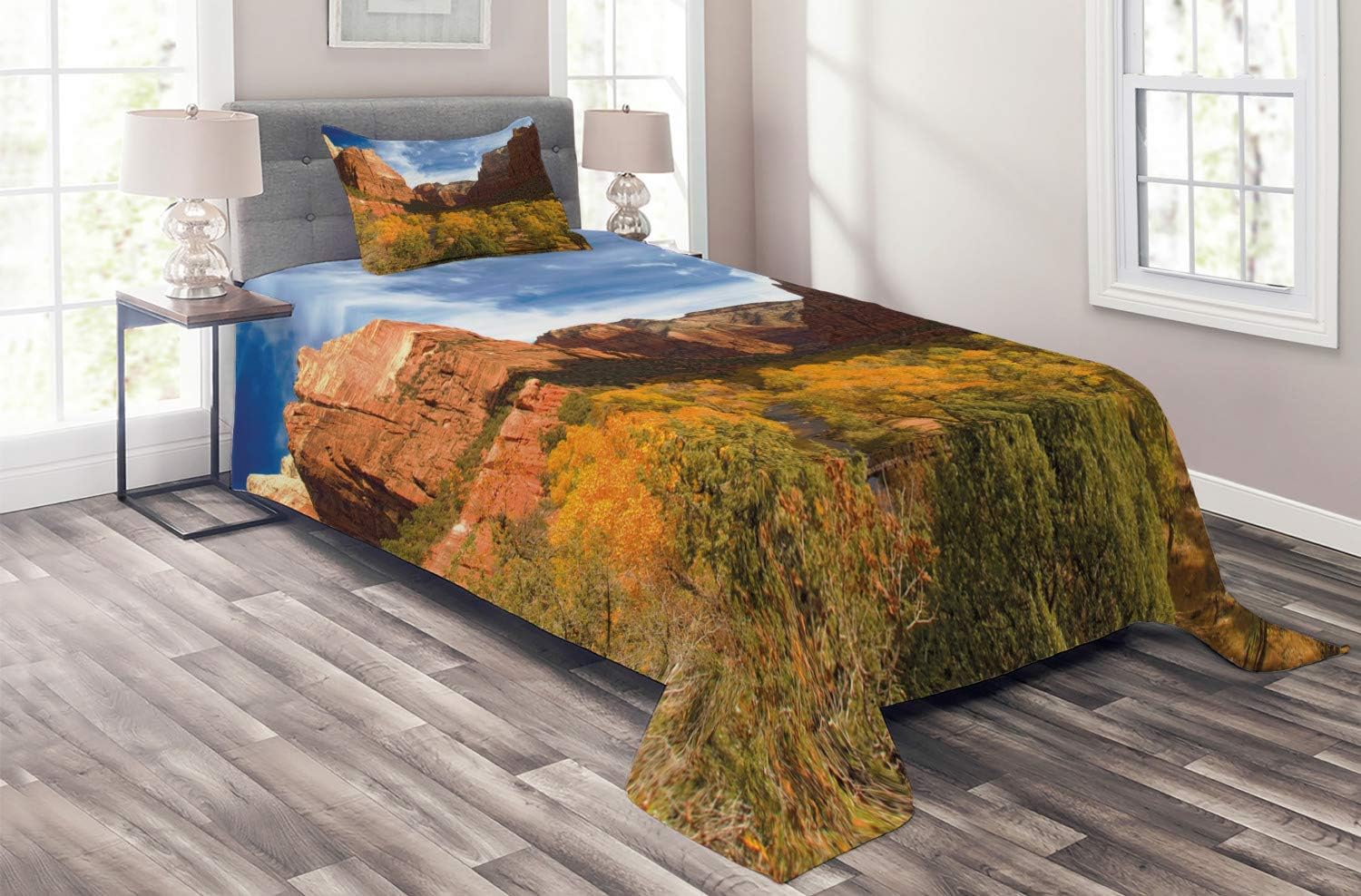 Lunarable Zion National Park Coverlet, Daytime Photo Zion Canyon at Autumn Season with Fall Color Palette Trees, 2 Piece Decorative Quilted Bedspread Set with 1 Pillow Sham, Twin Size, Multicolor