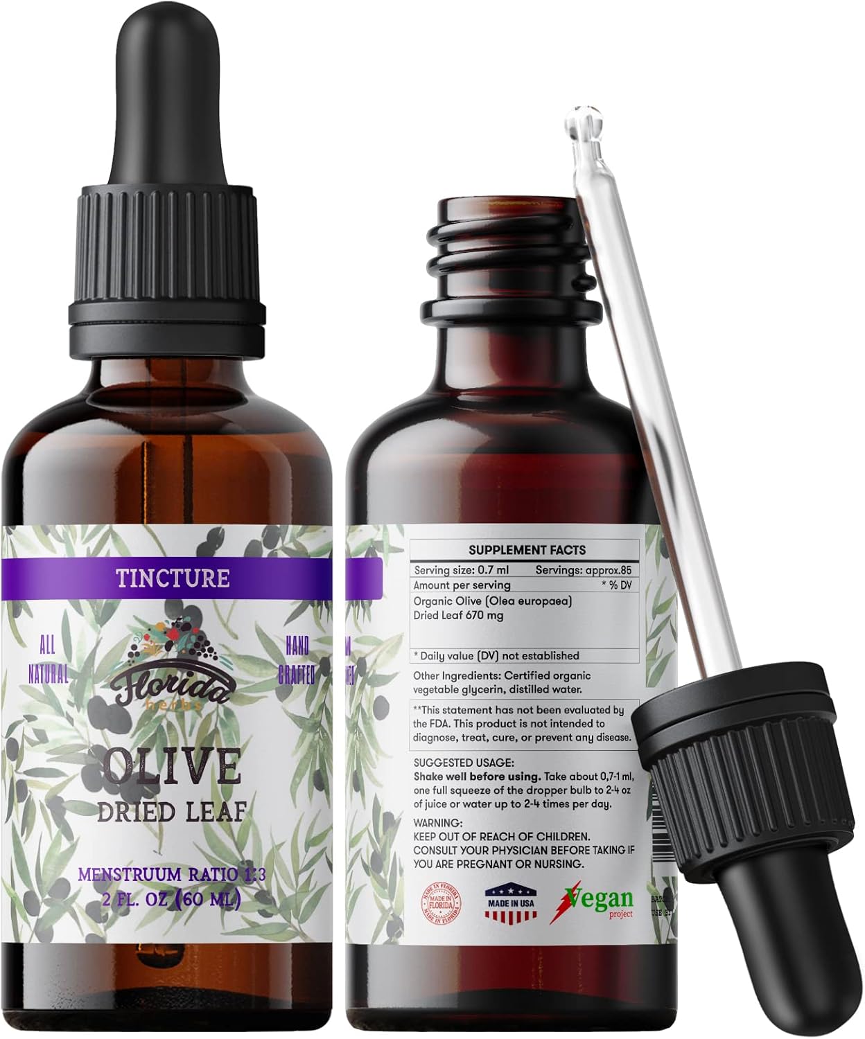 Organic Olive Leaf Tincture, Olive Extract Liquid (Olea europaea) Dried Leaf Herbal Supplement, Non-GMO in Cold-Pressed Organic Vegetable Glycerin, 700 mg, 2 oz (60 ml)