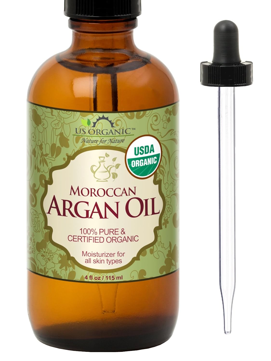 US Organic Moroccan Argan Oil, Cold-Pressed Virgin, USDA Certified, 100% Pure, Unrefined, for Hair, Skin, Nail & Cuticle Care, in Amber Glass Bottle, Sourced from Morocco (4 oz (Large))