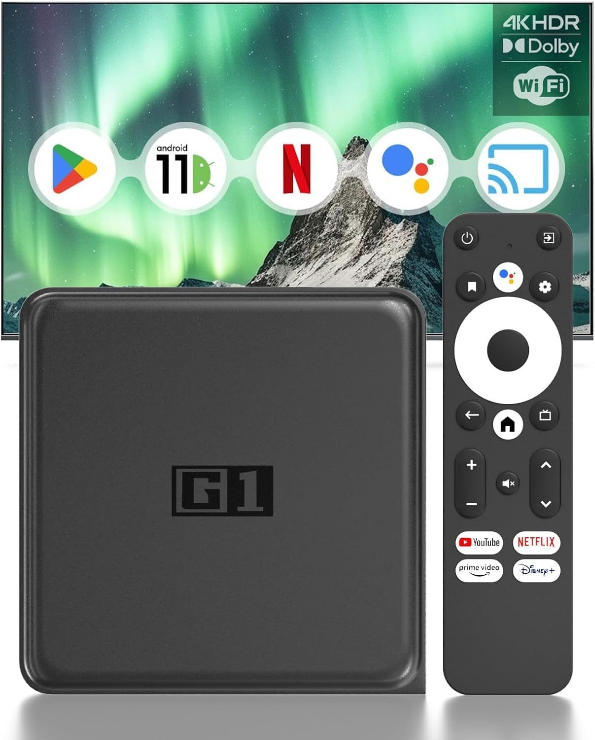 Android 11.0 TV Box – G1 Smart TV Box Compatible with Netflix Google Certified, 4GB RAM+32GB ROM Streaming Media Player, 4K60fps HDR 10+, Dolby Vision&Audio, WiFi 6, BT 5.0, Voice Control/Chromecast