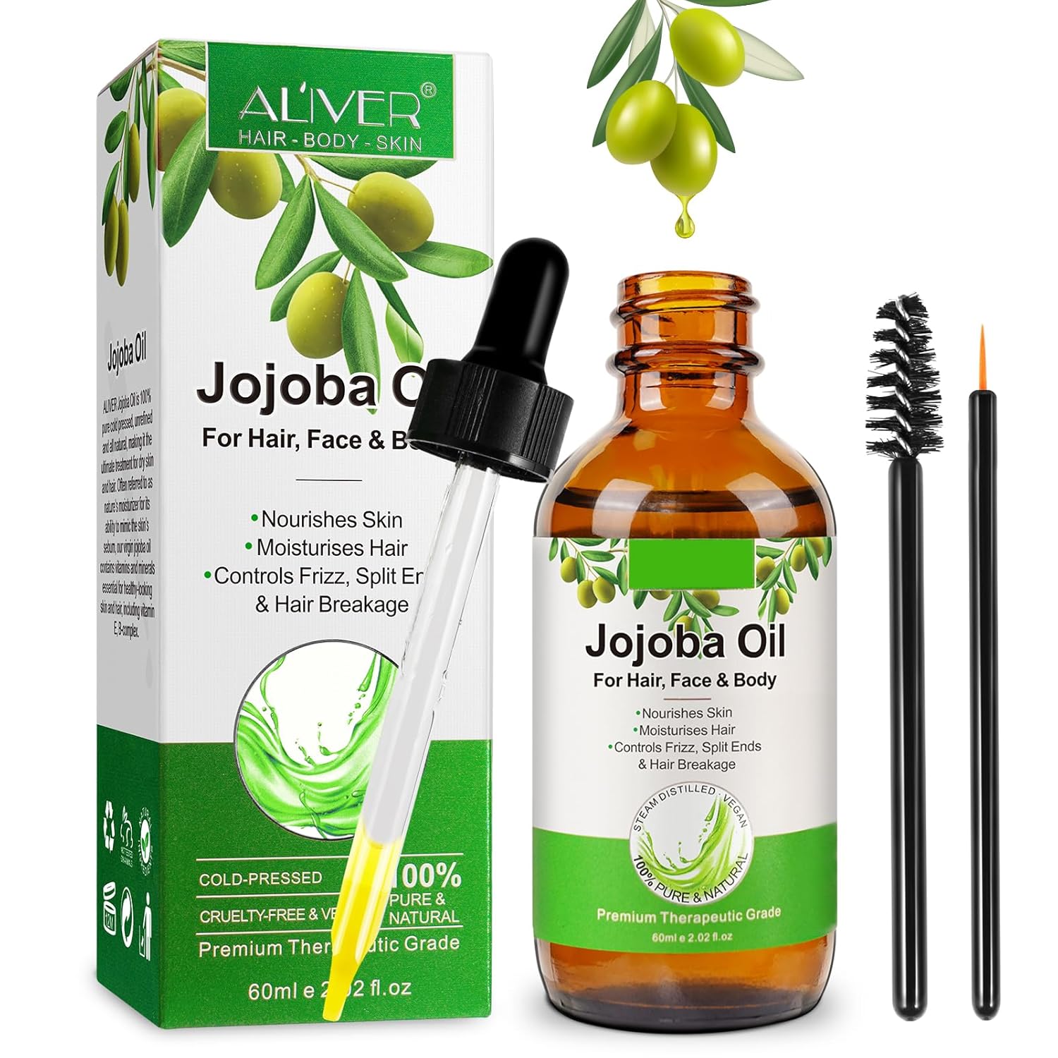 AIQIUSHA Jojoba Oil Organic,60ML,100% Pure & Natural,Nourishes Skin,Face and Hair Growth,Controls Frizz, Split Ends & Hair Breakage,Cold Pressed Unrefined,Carrier Oil for Essential Oils and DIY Beauty