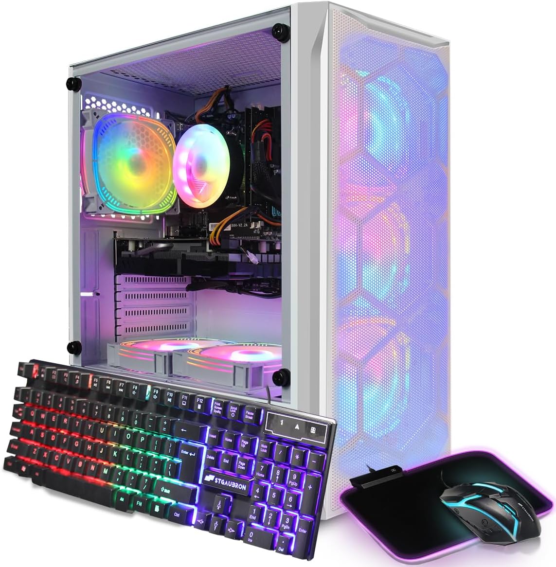 STGAubron Gaming PC, Radeon RX 5600 XT 6G GDDR6, Intel Core i7 up to 3.9G, 16G RAM, 1T SSD, 600M WiFi, BT 5.0, RGB Fan x 6, RGB BT Sound Bar, Windows 10 Home, White