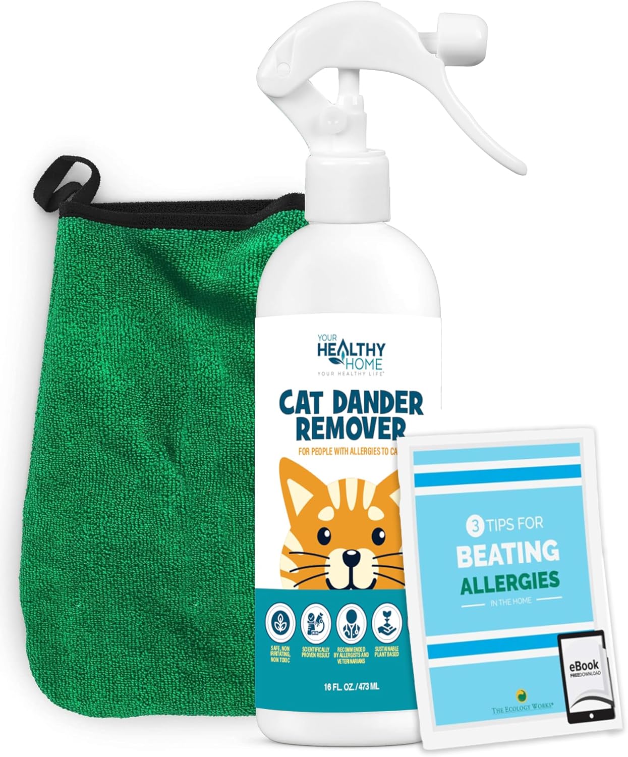 Cat Dander Remover – Cat Allergy Spray| Natural Cat Allergy Relief for Humans |Cruelty Free & Made in USA (16 oz + Free Mitt & Ebook)