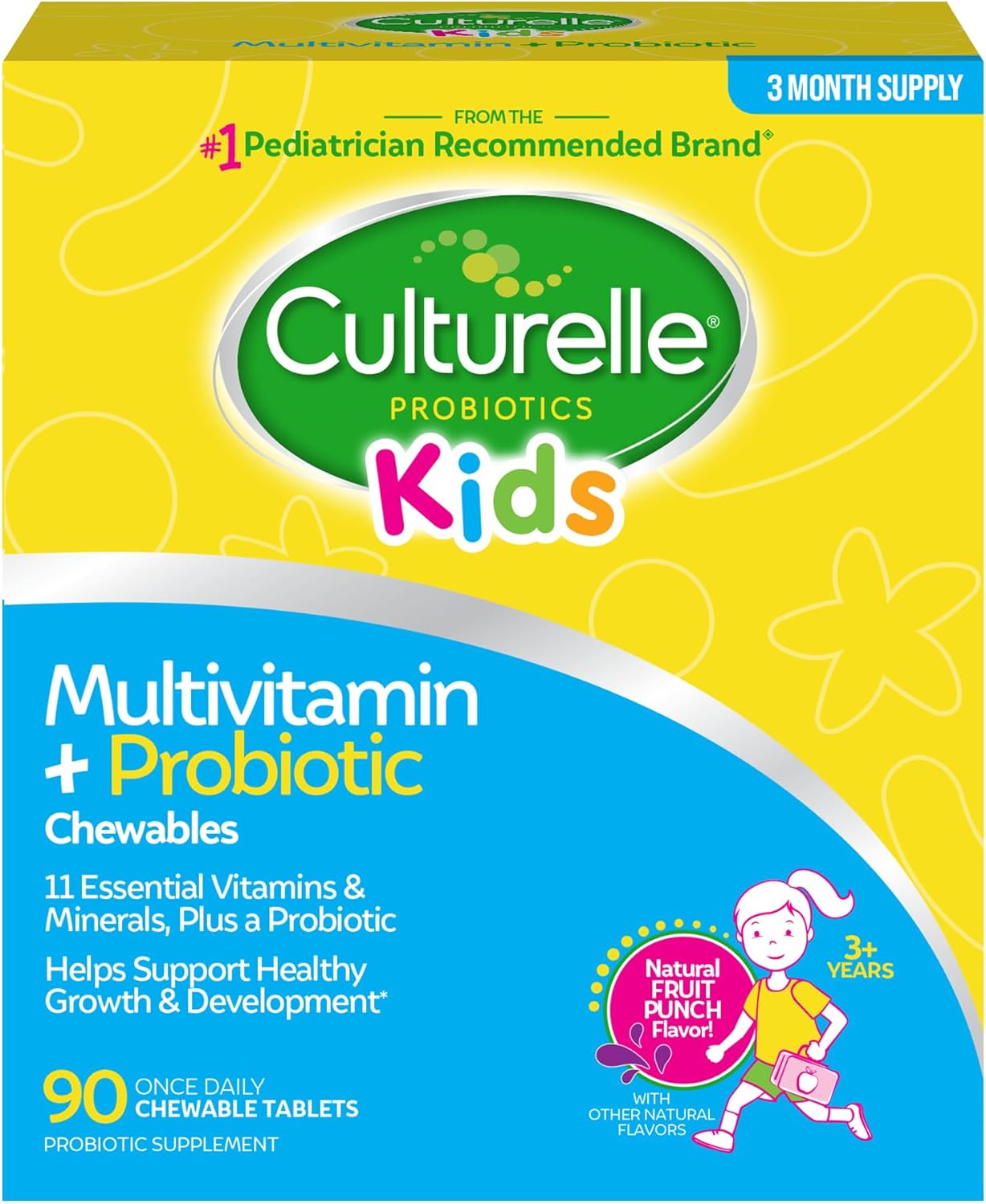 Culturelle Kids Complete Chewable Multivitamin + Probiotic for Kids, Ages 3+, 90 Count, Digestive Health, Oral Health & Immune Support – with 11 Vitamins & Minerals, Including Vitamin C, D3 & Zinc