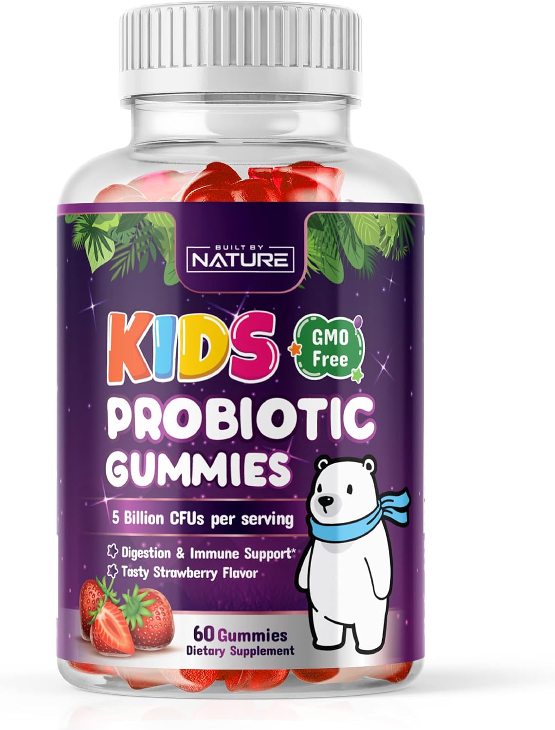 Built by Nature Kids Probiotic Gummies – 6 Diverse Probiotic Strains – Digestive & Immune Support – Chewable Kid Probiotic Gummy Supplement – No Refrigeration Required – 60 Gummies