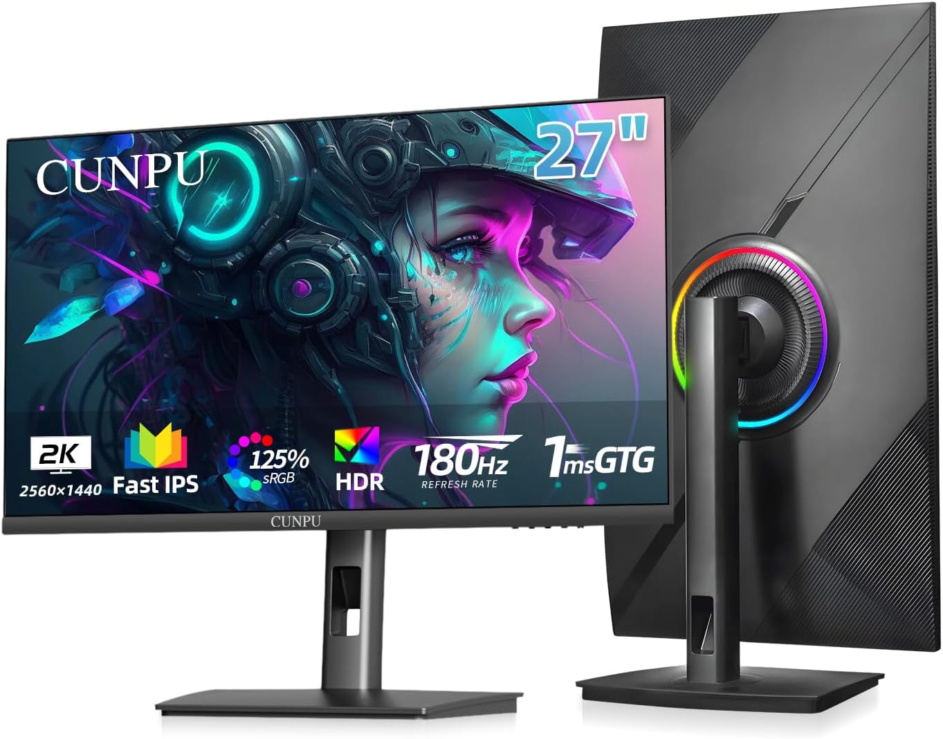 27 Inch QHD 2560 x 1440 180Hz Gaming Monitor, Fast IPS, Support PS5/Xbox, 1ms, DCI-P3 100%, HDR, FreeSync & G-Sync, Height/Pivot/Tilt/Swivel Vertical Monitor, Built-in Dual Speaker, HDMI/DP