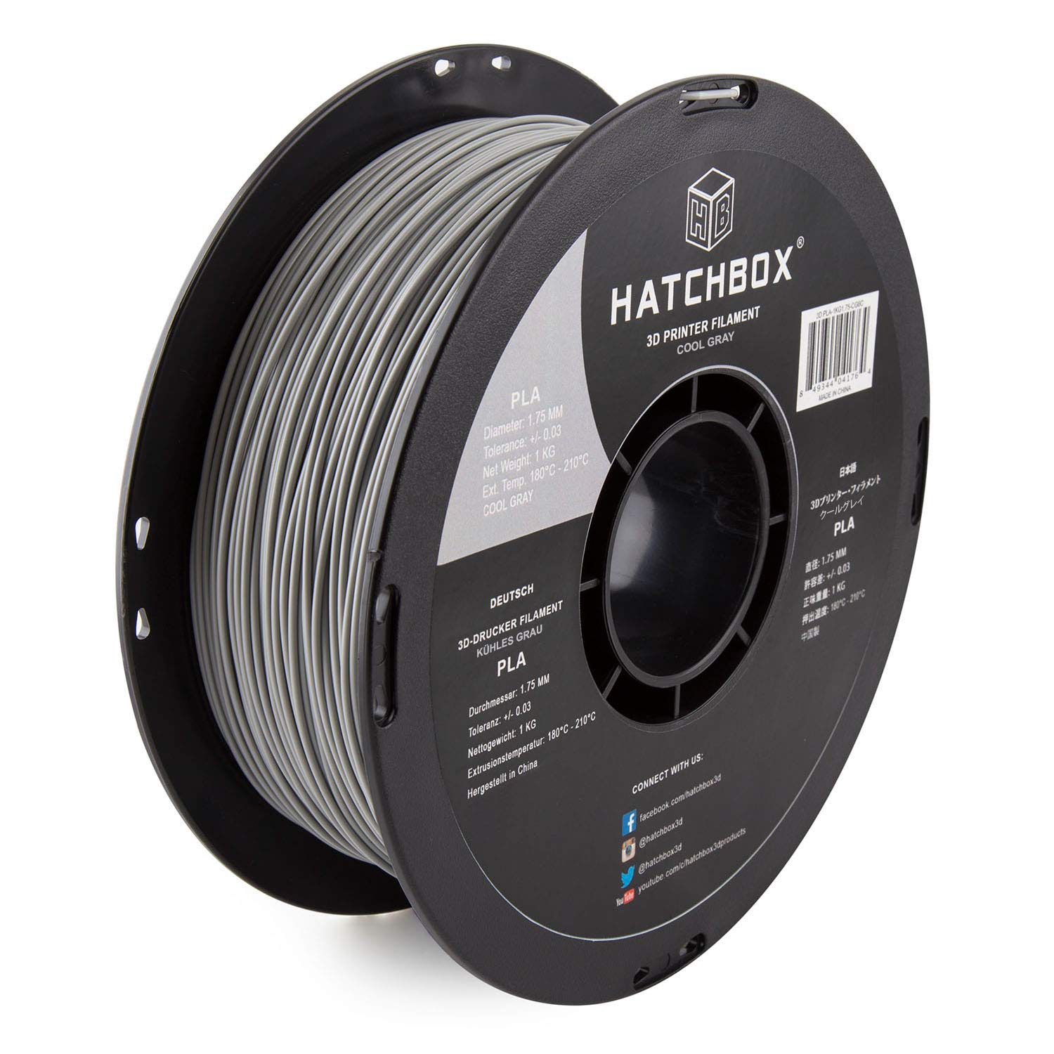 HATCHBOX 1.75mm Cool Gray PLA 3D Printer Filament, 1 KG Spool, Dimensional Accuracy +/- 0.03 mm, 3D Printing Filament