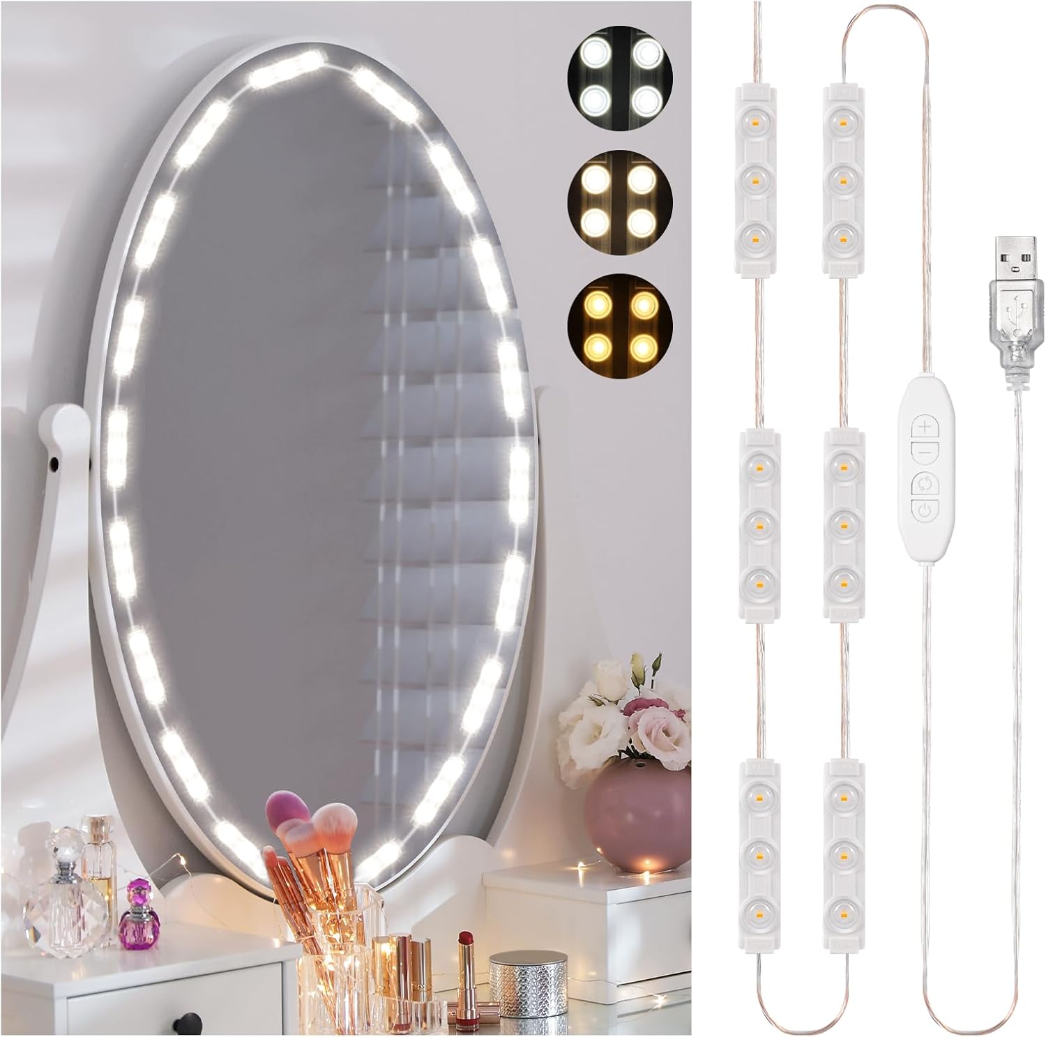 Consciot LED Vanity Lights for Mirror, Hollywood Style Mirror Strip, Adjustable Color & Brightness, USB Cable, Dimmable Makeup Stick on Table Dressing Room Mirror,White