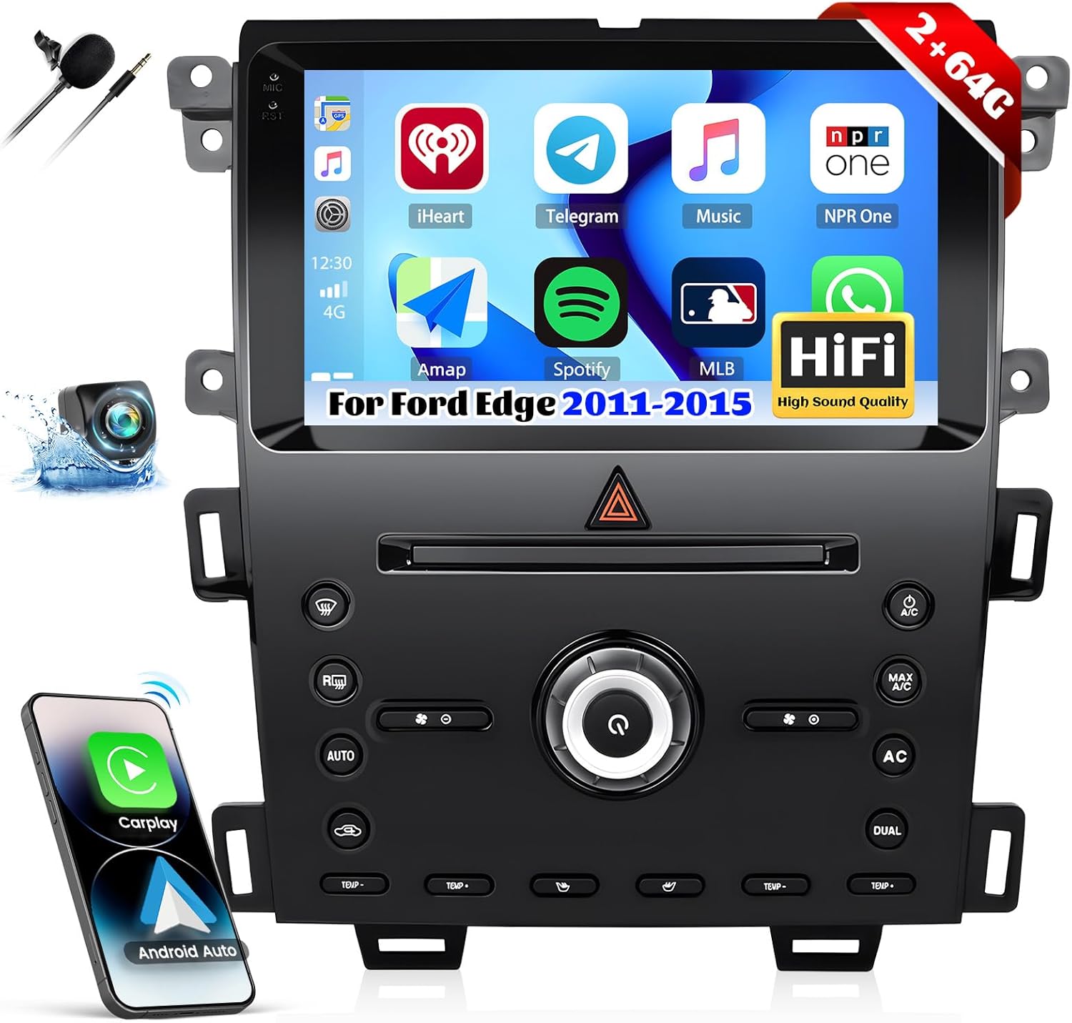 [2+64G] Android 13 Car Stereo for Ford Edge 2011-2015 with Wireless Apple Carplay&Android Auto,9 Inch Touch Screen Car Radio with Mirror Link GPS WiFi Bluetooth FM/RDS SWC AUX-in+Backup Camera