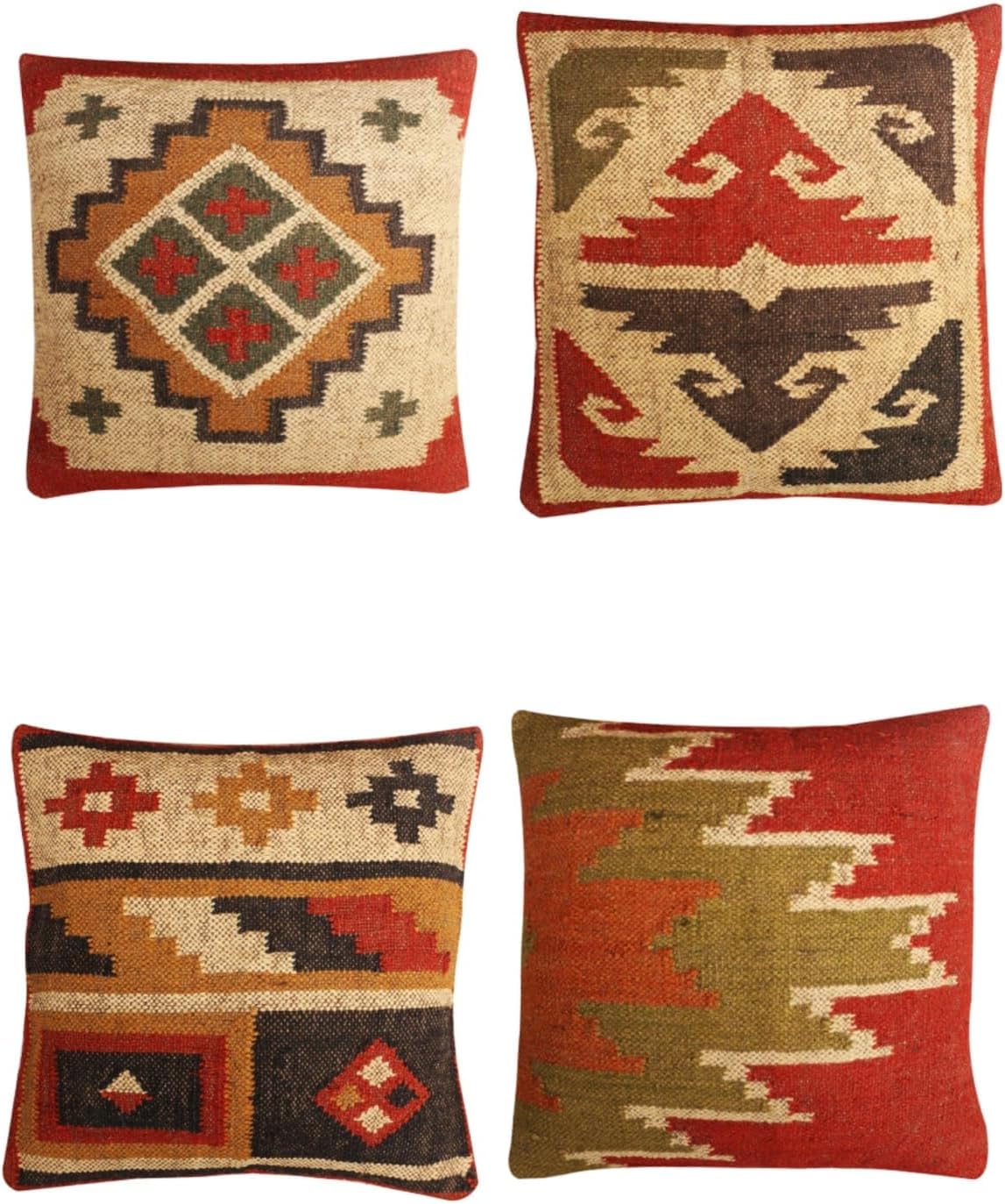 Rang Sutra Indian Wool Jute Vintage Kilim Cushion Covers,Home Decor Pillowcases Handwoven Turkish Pillow Decorative Throw Pillow Covers Set of 4 (Multicolor 02)