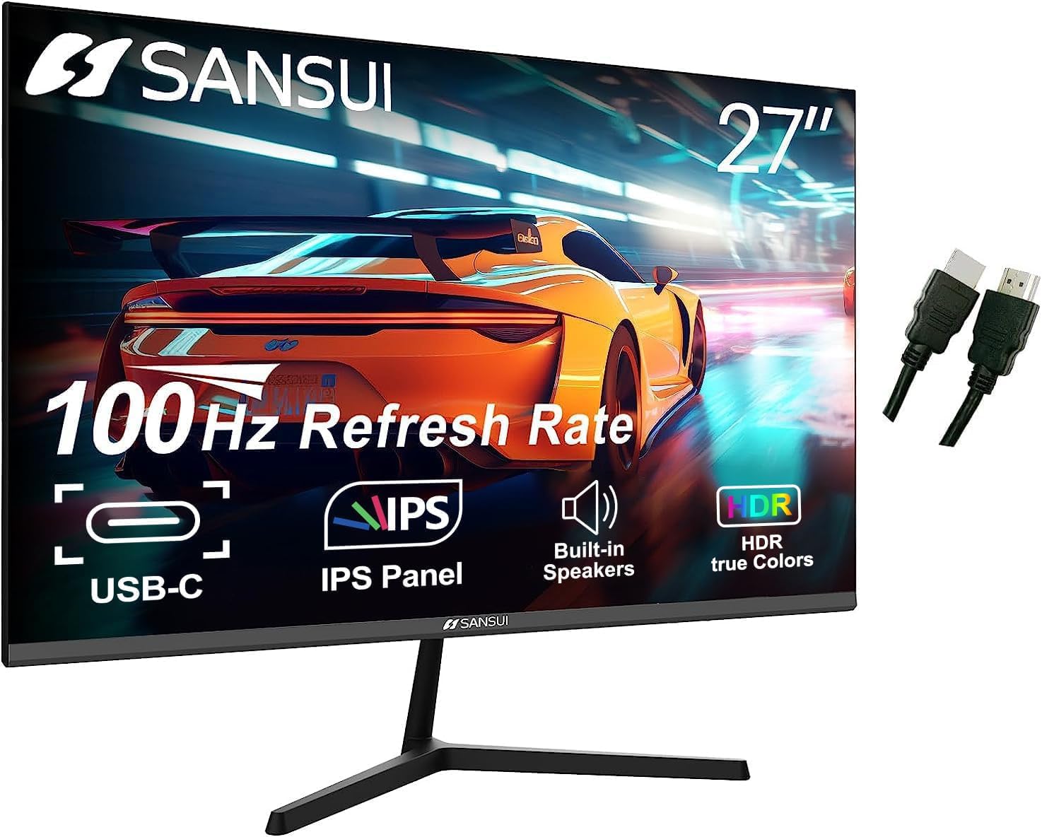 SANSUI Computer Monitors 27 inch 100Hz IPS USB Type-C FHD 1080P HDR10 Built-in Speakers HDMI DP Game RTS/FPS tilt Adjustable for Working and Gaming (ES-27X3 Type-C Cable & HDMI Cable Included)