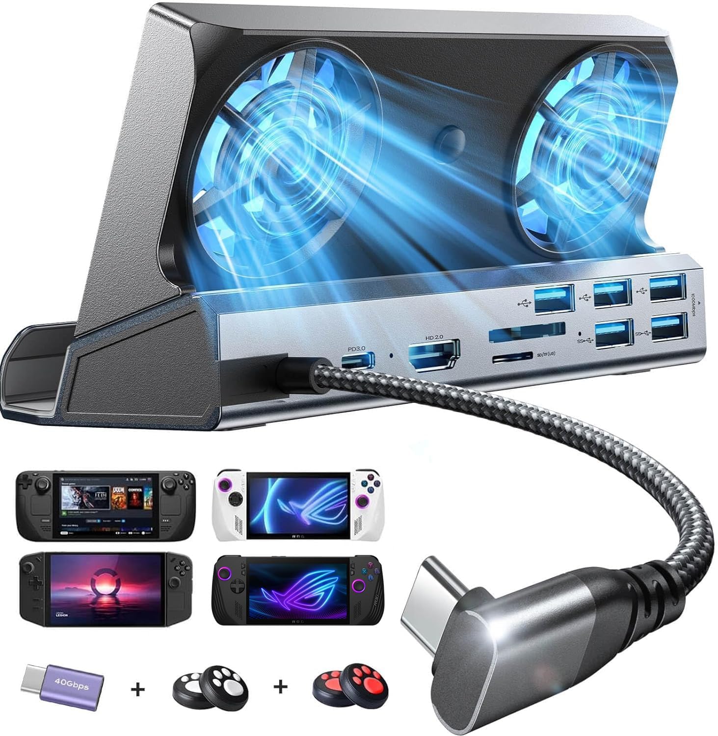 LISEN 10-IN-1 Docking Station for Steam Deck OLED&ROG Ally X&Legion Go, Dual Cooling Fan 5 USB Ports and 4K@60Hz, 100W Charging Port Support ROG Ally 30W Mode, Gigabit Ethernet Fit for Steam Deck OLED