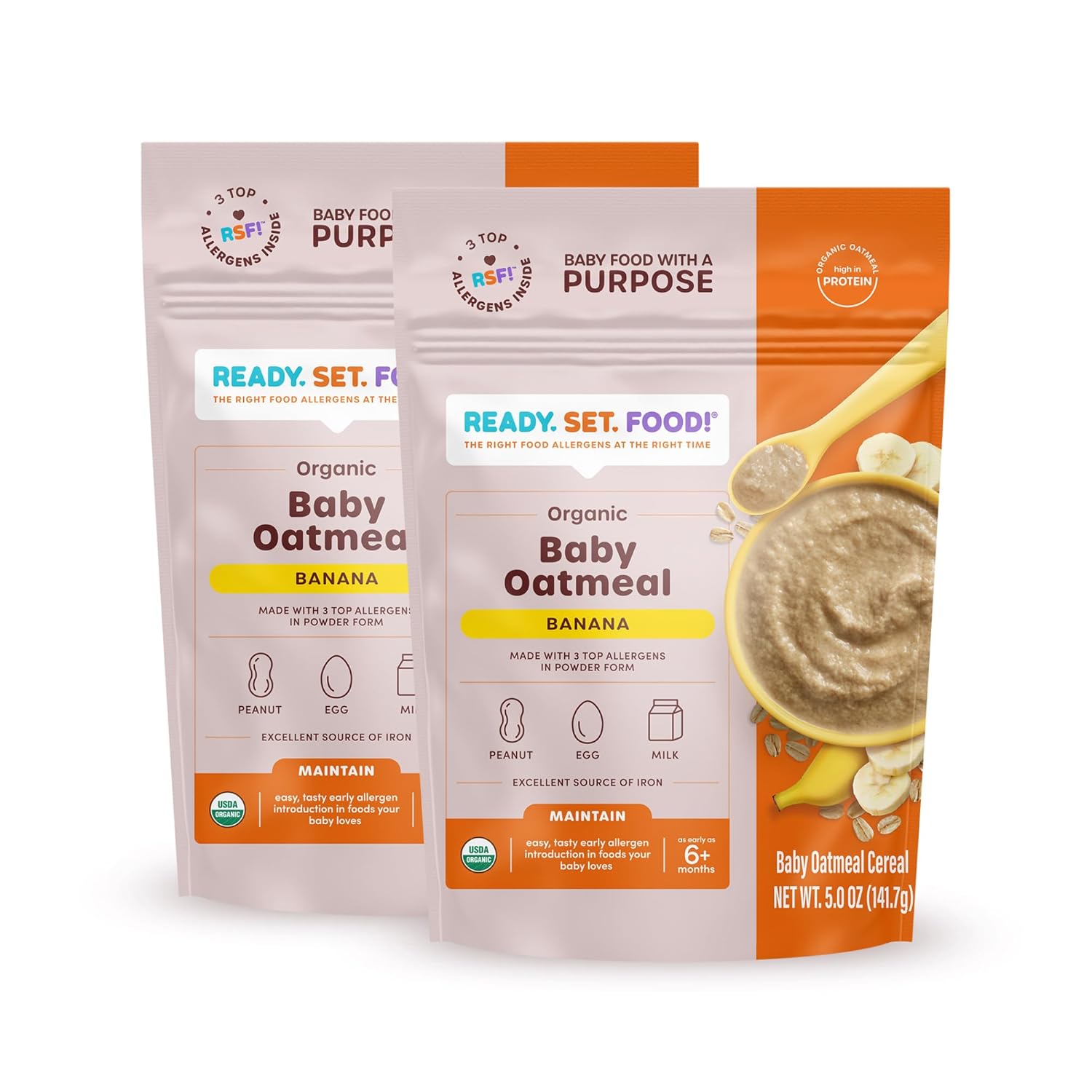 Ready Set Food Organic Baby Oatmeal Cereal – Safe & Easy Early Allergen Exposure for Babies 6+ Months, Organic Baby Food with 3 Top Allergens: Organic Peanuts, Egg, and Milk (Banana, 2-Pack)