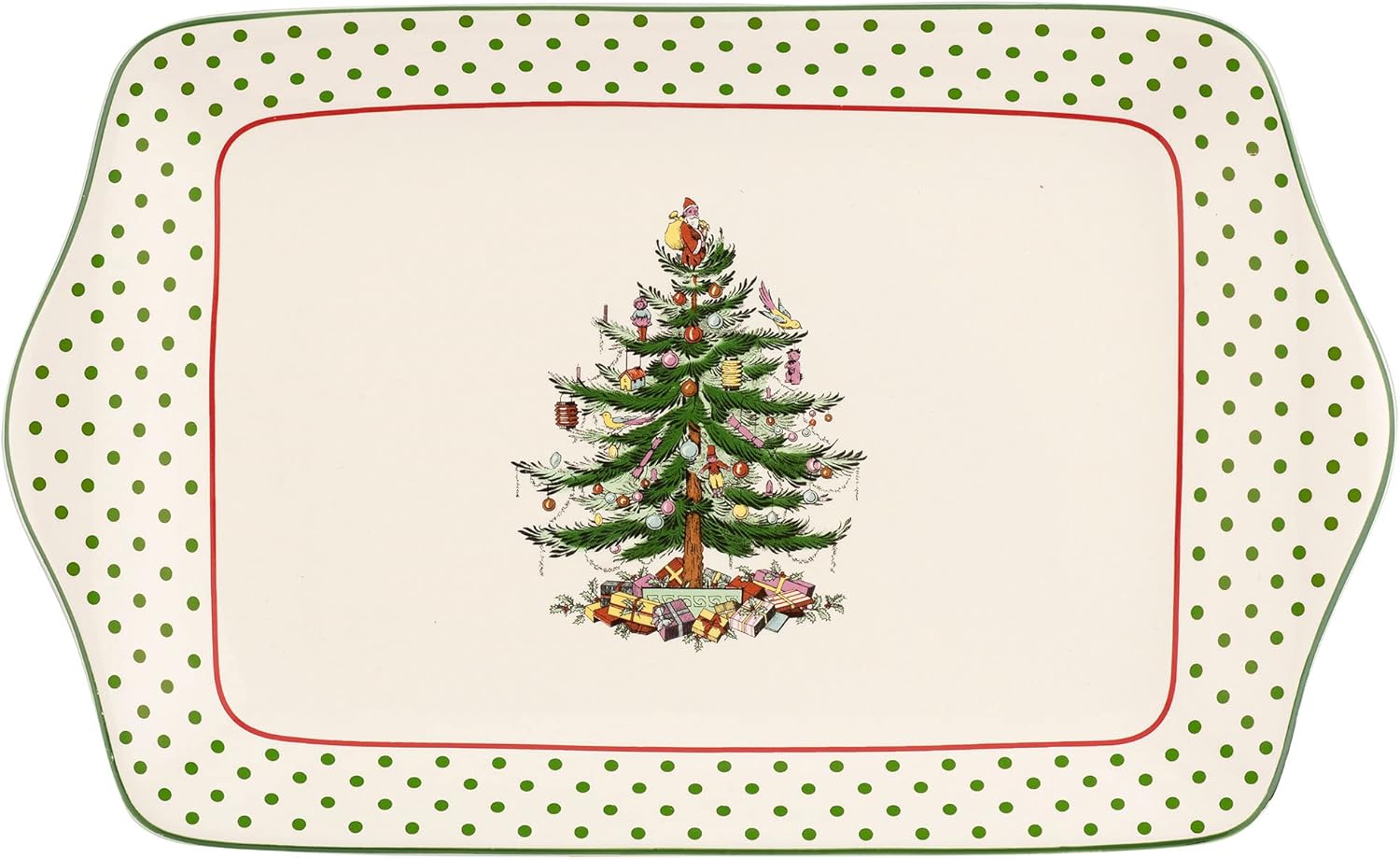 Spode Christmas Tree 12-Inch Polka Dot Dessert Tray – Festive Holiday Serving Platter for Desserts, Appetizers, Side Dishes – Christmas Tree & Polka Dots – Dishwasher, Microwave, Freezer Safe