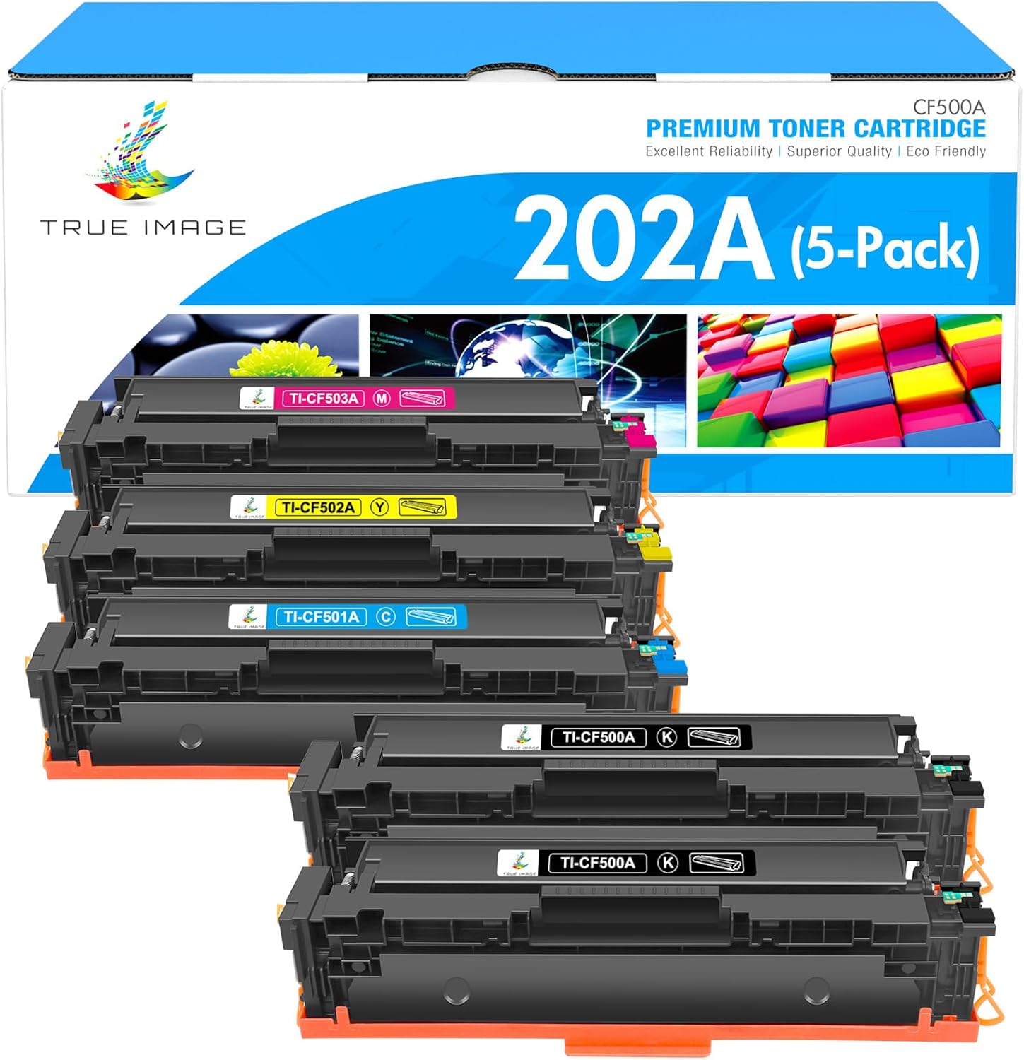 TRUE IMAGE Compatible Toner Cartridge Replacement for HP 202A CF500A 202X Color Laserjet Pro MFP M281fdw M281cdw M254dw M281fdn M254dn M254nw M281 M254 Toner Printer Ink (BK/C/Y/M, 5-Pack)