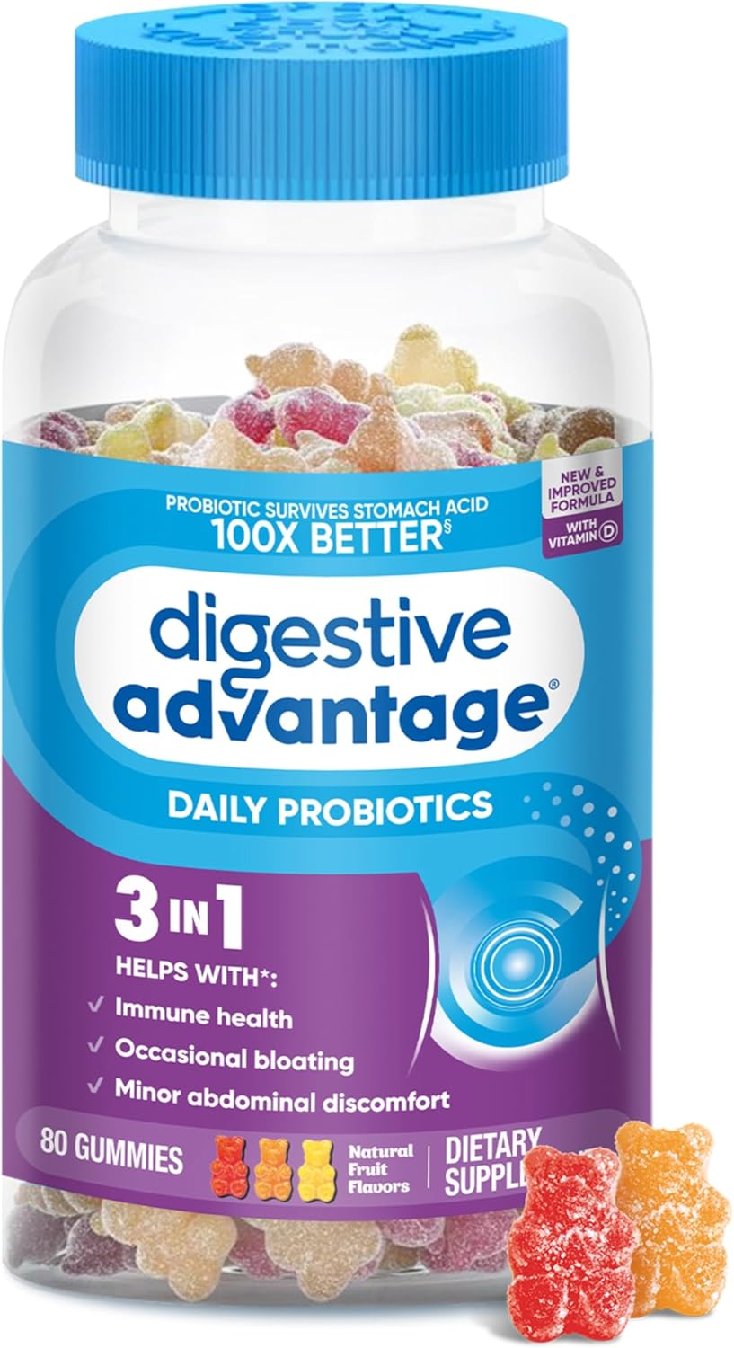 Digestive Advantage Probiotics For Digestive Health, Probiotic Gummies & Vit D, Daily Probiotics For Women &Men Occasional Bloating, Minor Abdominal Discomfort & Gut Health, 80ct Natural Fruit Flavors