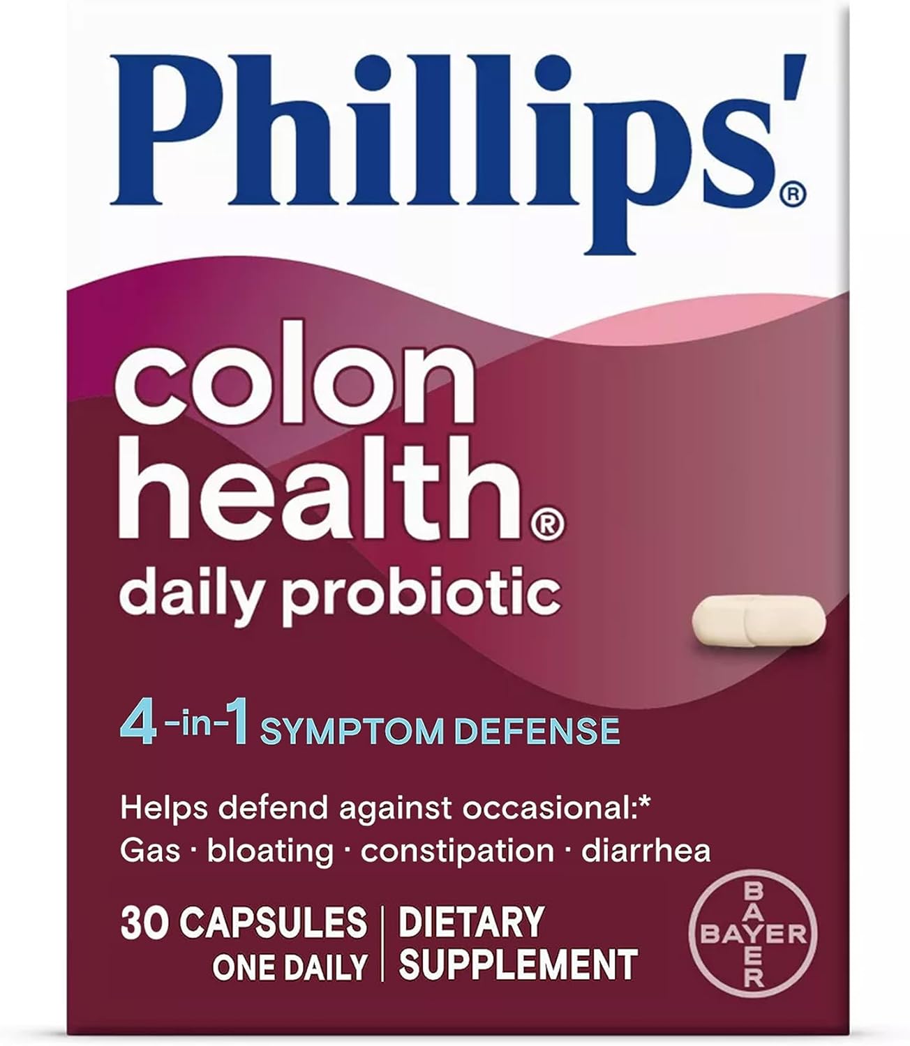 Phillips’ Colon Health Daily Probiotic Capsules, 4-in-1 Symptom Defense to Help Defend Against Occasional Gas, Bloating, Constipation, and Diarrhea, Daily Supplement, 60 Count