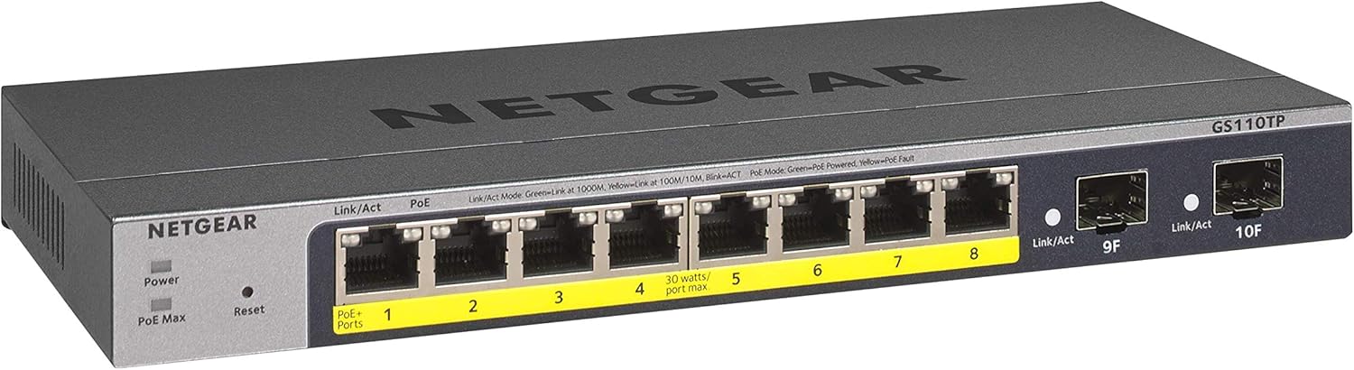 NETGEAR 10-Port PoE Gigabit Ethernet Smart Switch (GS110TP) – Managed, with 8 x PoE+ @ 55W, 2 x 1G SFP, Optional Insight Cloud Management, Desktop or Wall Mount, and Limited Lifetime Protection