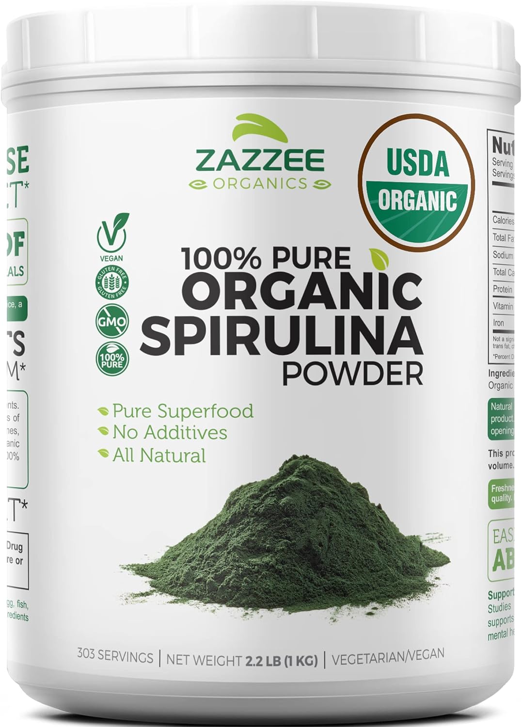 Zazzee Organic Spirulina Powder, 2.2 Pounds (1 KG), USDA Certified, 303 Servings, 100% Pure, Non-Irradiated, Mess-Free Wide Mouth Container, Fresh Smell and Neutral Taste, Vegan, Non-GMO, Gluten-Free