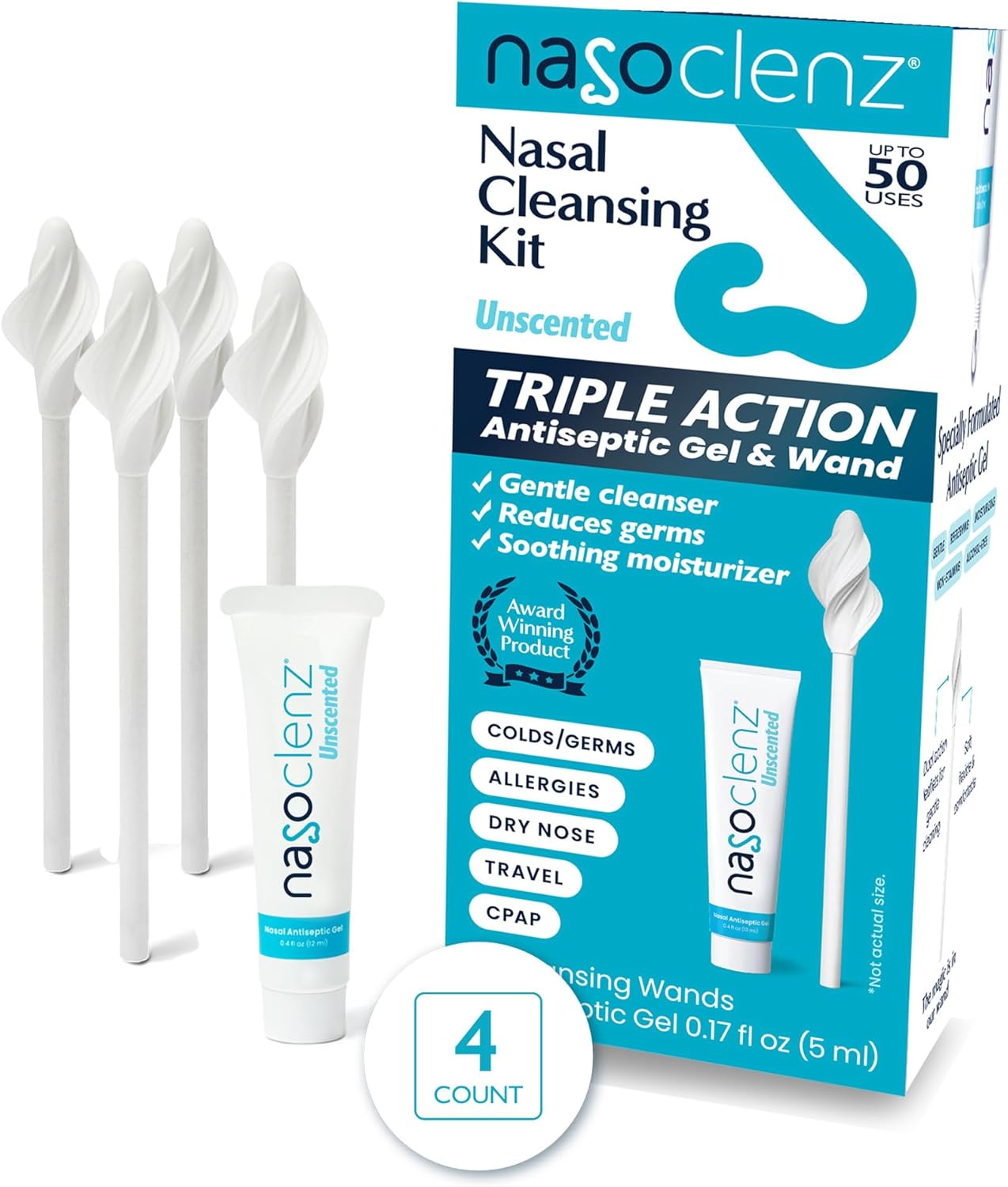 Nasal Cleansing Kit – Gentle, Washable Wand & Antiseptic Gel, Nose Cleaner Reduces Germs & Nasal Moisturizer for Fast Dry Nose & Allergy Relief (Unscented 4 Count, up to 50 uses)