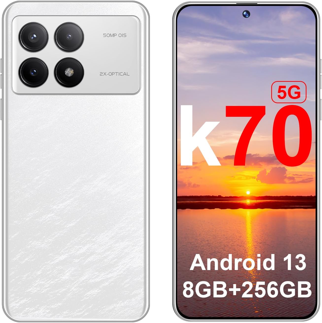 K70 5G Android Phones 2024 Android 13 Cell Phones 6.8″ HD Screen 8GB+256GB 8-Core Android Phones 6200mAh Battery Standby 24MP+50MP Camera 5G Dual SIM Unlocked Smartphones(White)