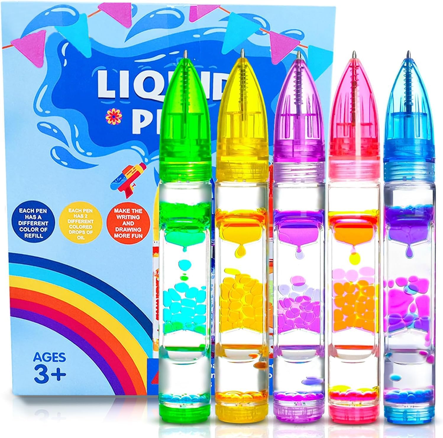 5PCS Liquid Pens Christmas Stocking Stuffers for Kids, Liquid Motion Bubble Fun Cool Pens Autism ADHD Anxiety Stress Relief Item Quiet Fidget Sensory Autistic Desk Toys Classroom Gift for Boys Girls