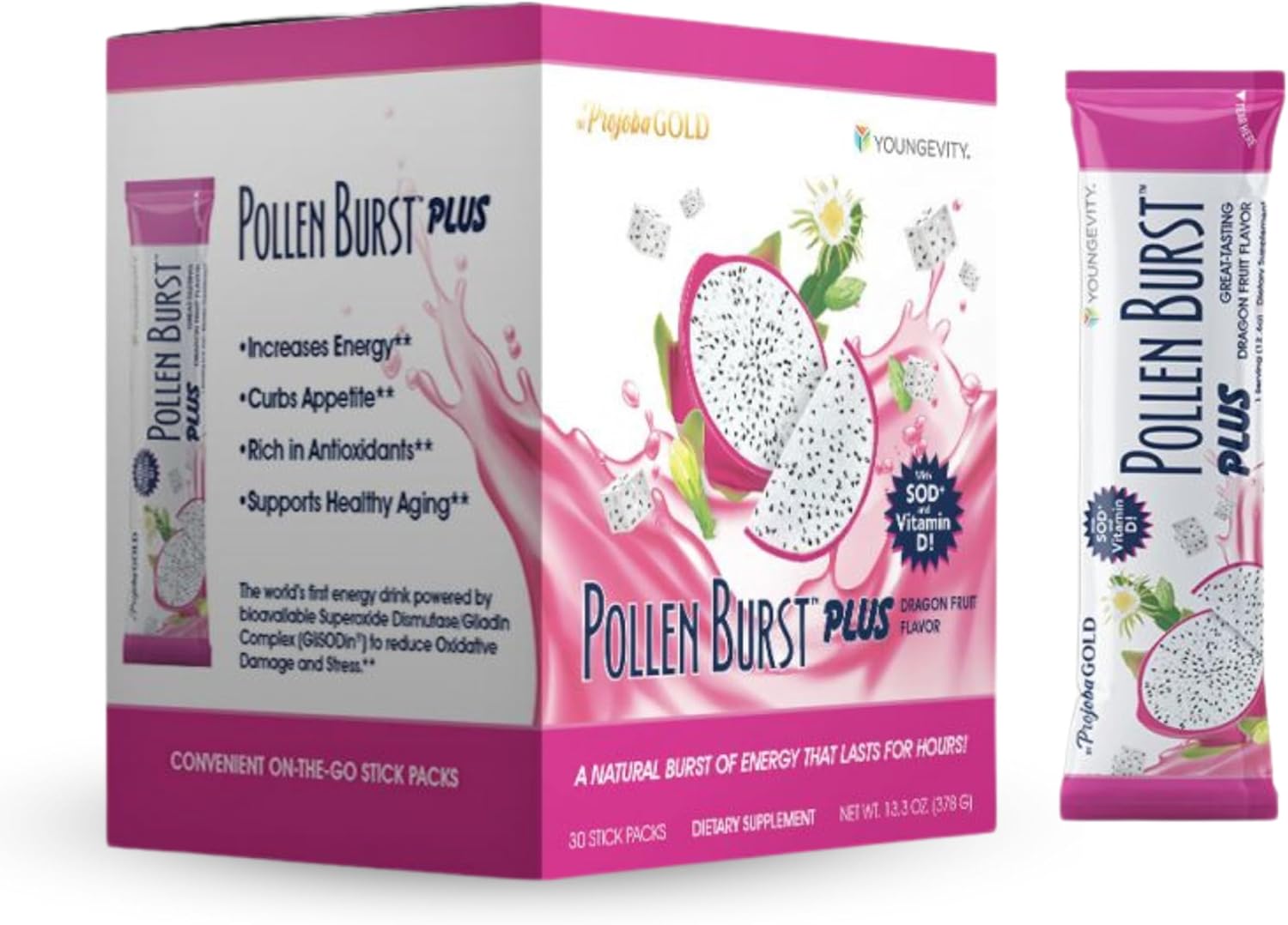 Youngevity ProJoba Pollen Burst Dragon Fruit – Clean Natural Energy Supplement w/Green Tea, Pollen Extract, GliSODin® – Increase Focus, Brain Boost, Endurance, Mental Clarity (30 Sticks)