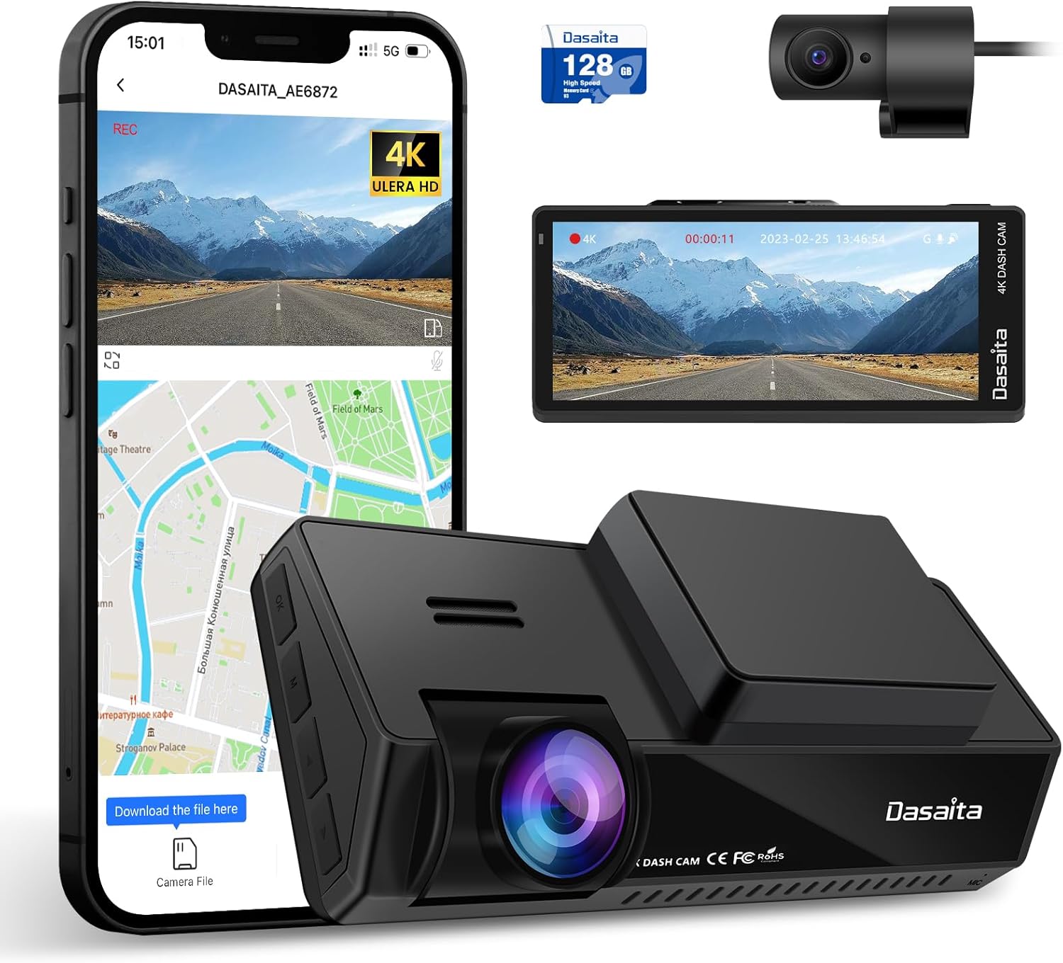 Dasaita Dash Cam Front and Rear, 4K+1080P Dual Dash Camera for Cars, Free 128GB SD Card, 4″ IPS Screen, Built-in Wi-Fi GPS, 170° Wide Angle, 24H Parking Mode, Super Night Vision, G-Sensor