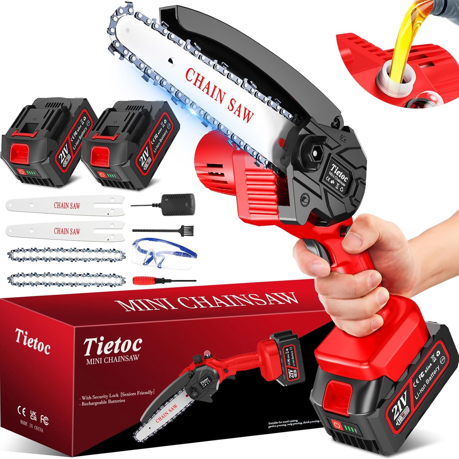 Tietoc Cordless Mini Chainsaw 6 Inch [Women Friendly] Small Chainsaws Battery Powered, Electric Saws With Security Lock & Auto Oiler System, Super Handheld Rechargeable Chain Saw For Wood/Tree Cutting