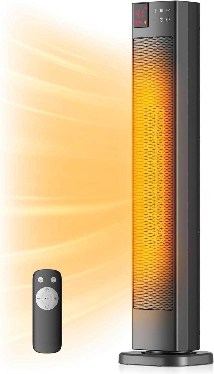 PELONIS 30” Ceramic Tower Space Heater with Adjustable Thermostat for Large Room, 75° Oscillation, Remote Control & 12H Timer, Tip-Over Switch & Overheating Protection, 1500W, PHF15RSAPH30, Black