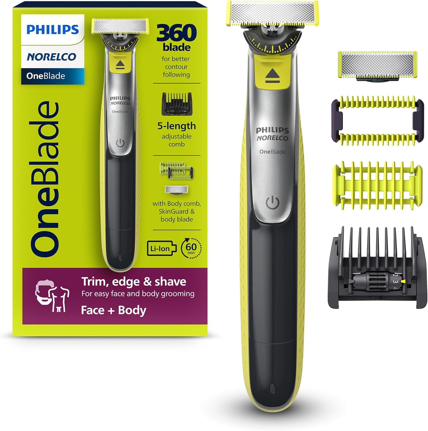 Philips Norelco OneBlade 360 Face + Body, Hybrid Electric Razor and Beard Trimmer for Men with 5-in-1 Face Stubble Comb and Body Hair Trimmer Kit, QP2834/70