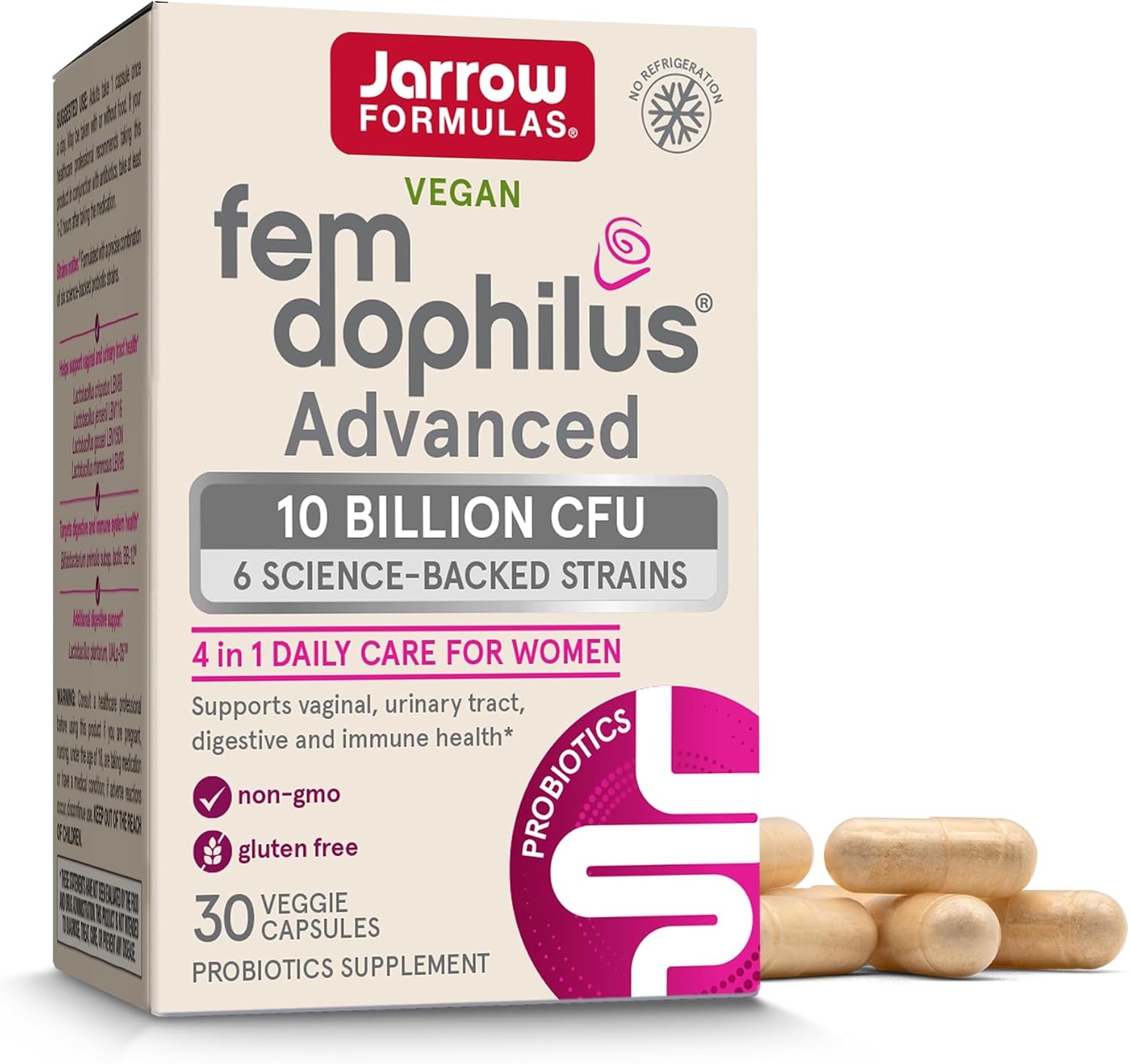 Jarrow Formulas Fem-Dophilus Advanced Probiotics 10 Billion CFU With 6 Science-Backed Strains, Dietary Supplement for Vaginal, Urinary Tract and Digestive Support, 30 Veggie Capsules, 30 Day Supply