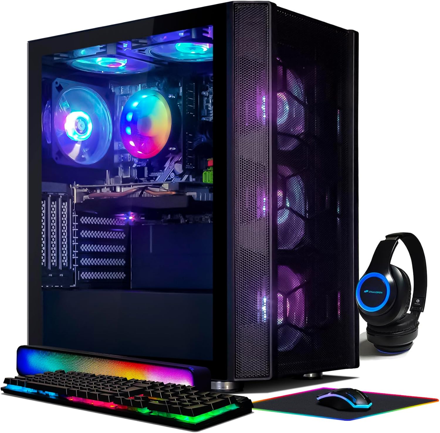 STGAubron Gaming PC Computer Desktop, GeForce RTX 3060 12G, Intel Core i7 up to 3.9G, 32G Ram, 1TB SSD, WiFi, BT 5.0, RGB Fan x6, RGB Mouse Pad, RGB BT Sound Bar, RGB BT Gaming Mic, Windows 10 Home